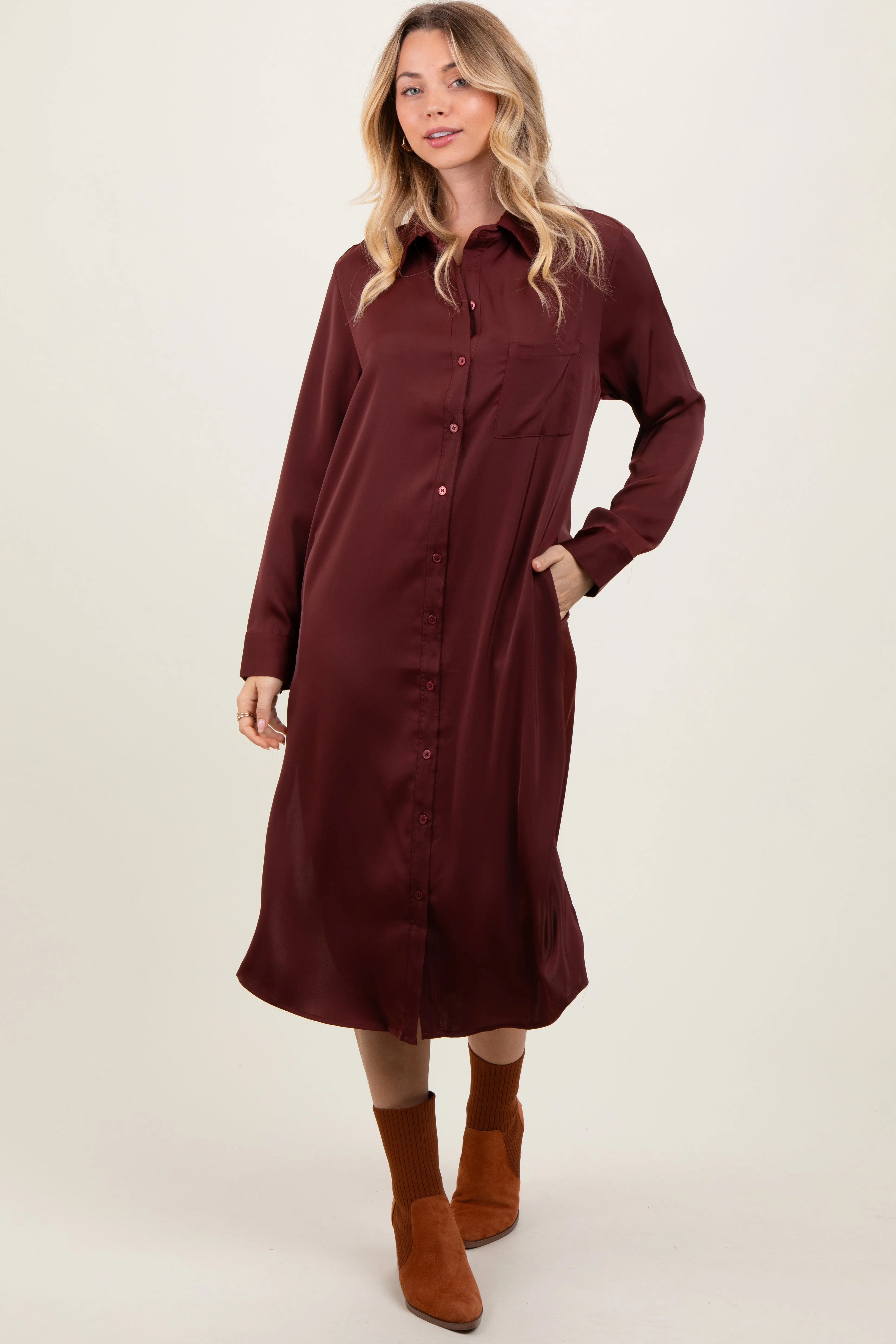 Rust Long Sleeve Midi Shirt Dress sold by Pinkblush product image thumbnail 2