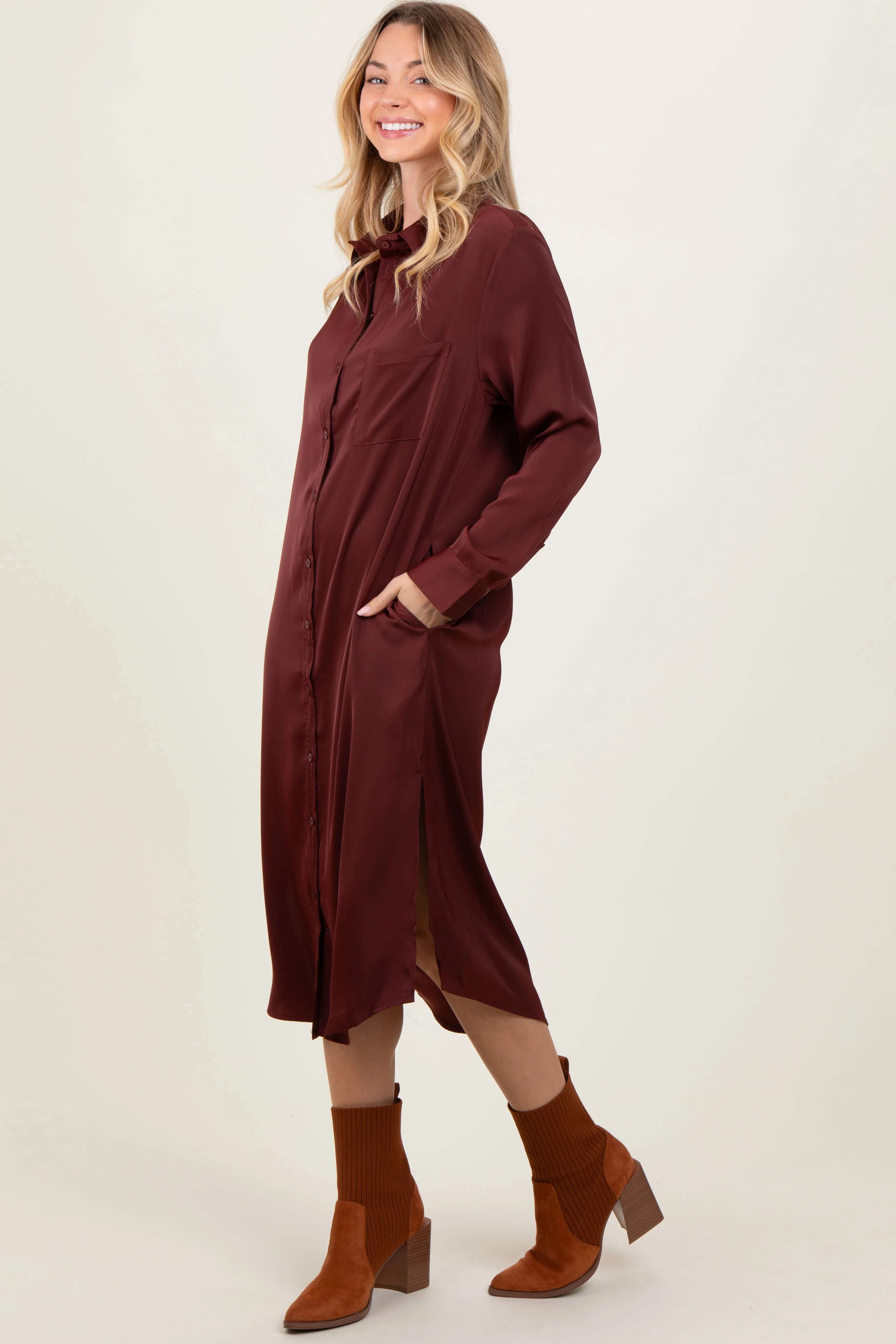 Rust Long Sleeve Midi Shirt Dress sold by Pinkblush product image thumbnail 3