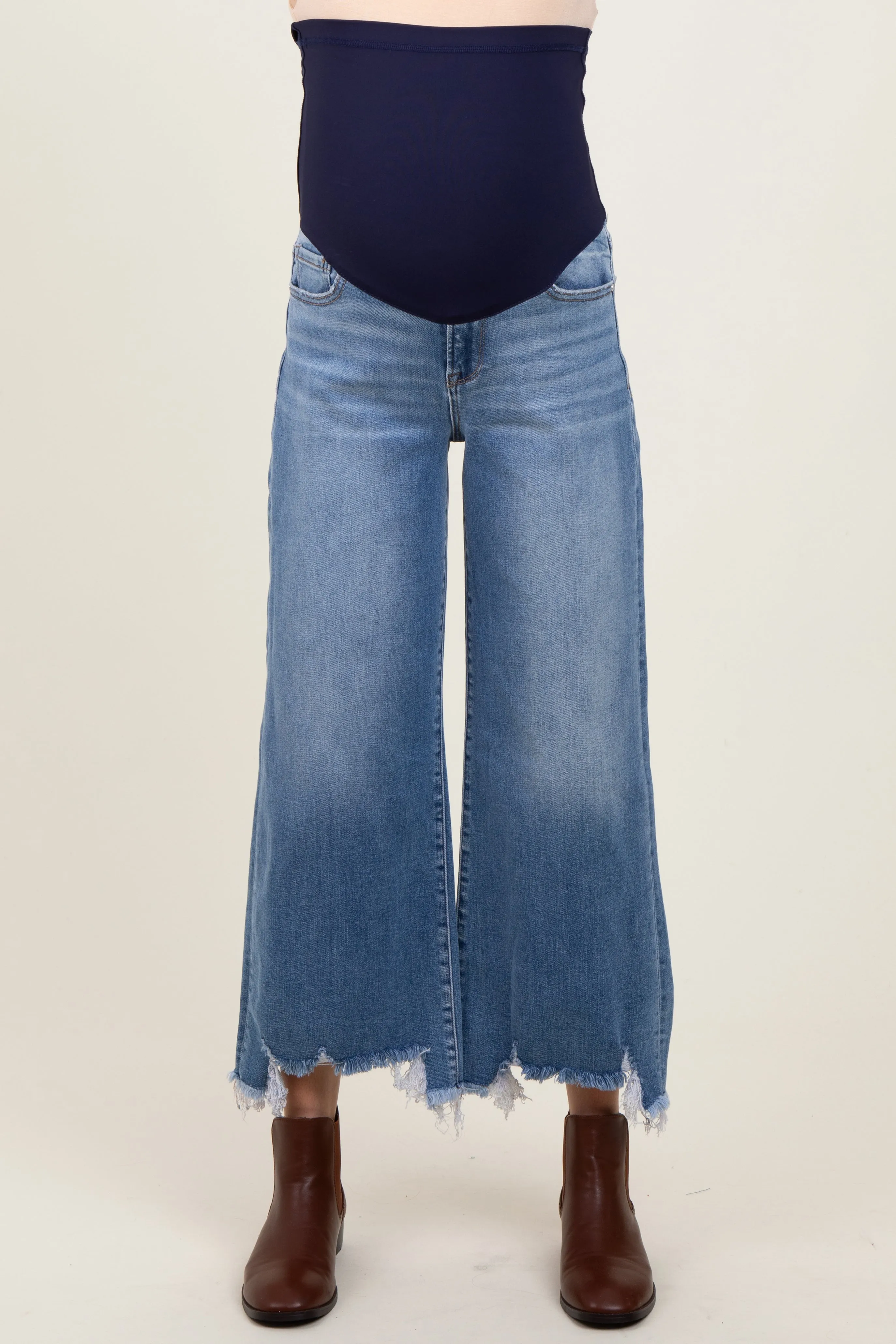 Blue Distressed Hem Cropped Wide Leg Maternity Jeans sold by Pinkblush product image thumbnail 3