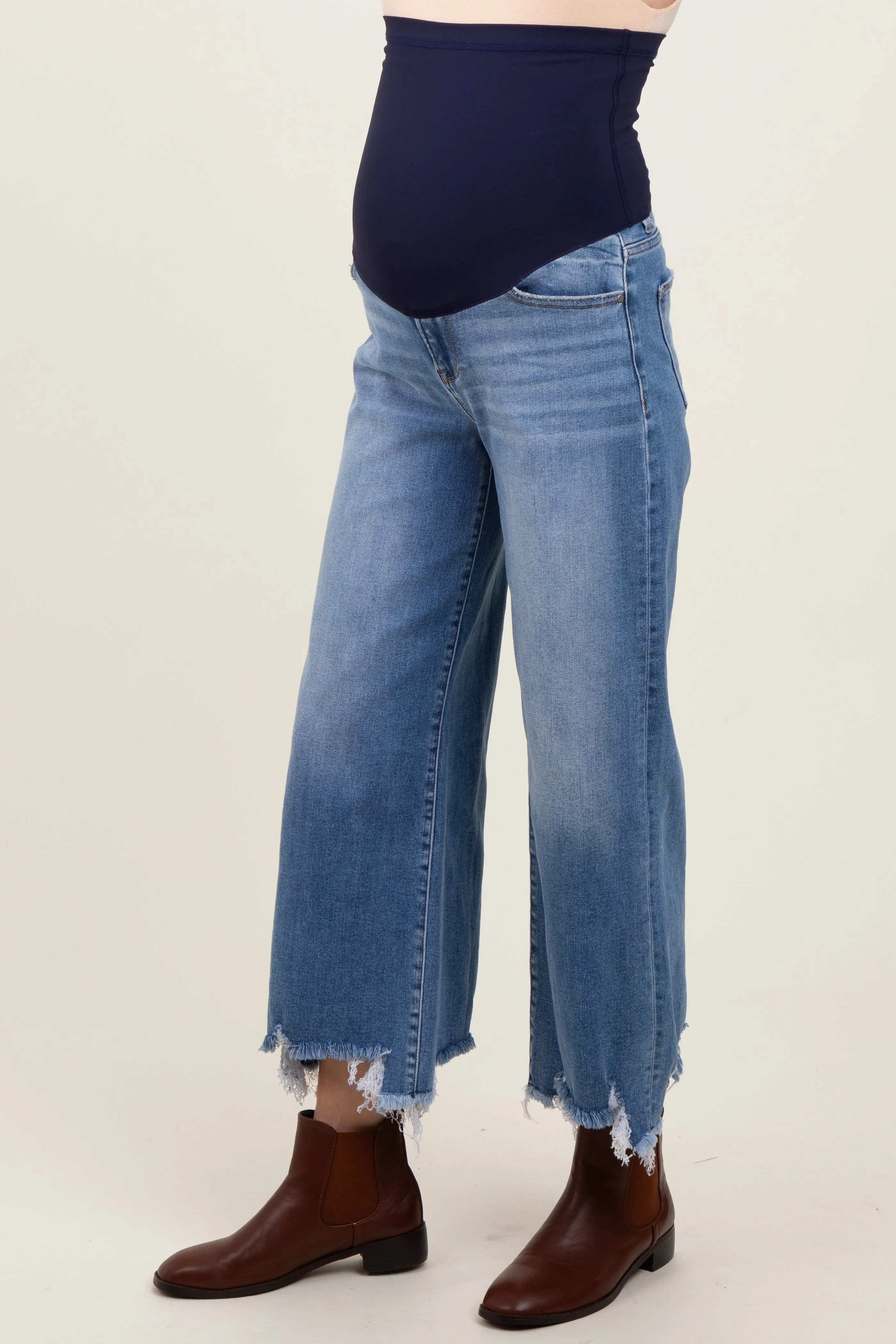 Blue Distressed Hem Cropped Wide Leg Maternity Jeans sold by Pinkblush product image thumbnail 4