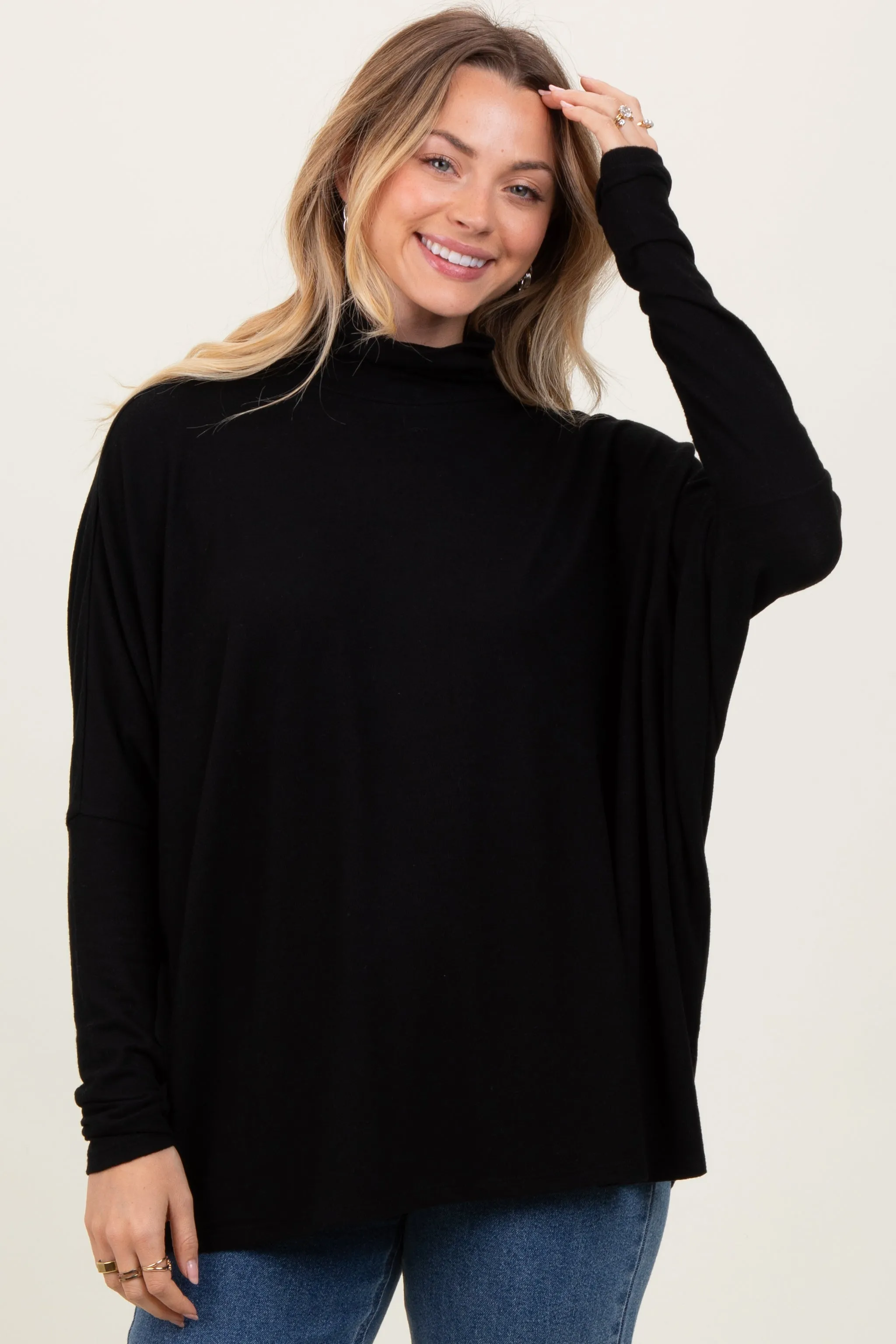 Black Brushed Knit Turtleneck Dolman Sleeve Top sold by Pinkblush
