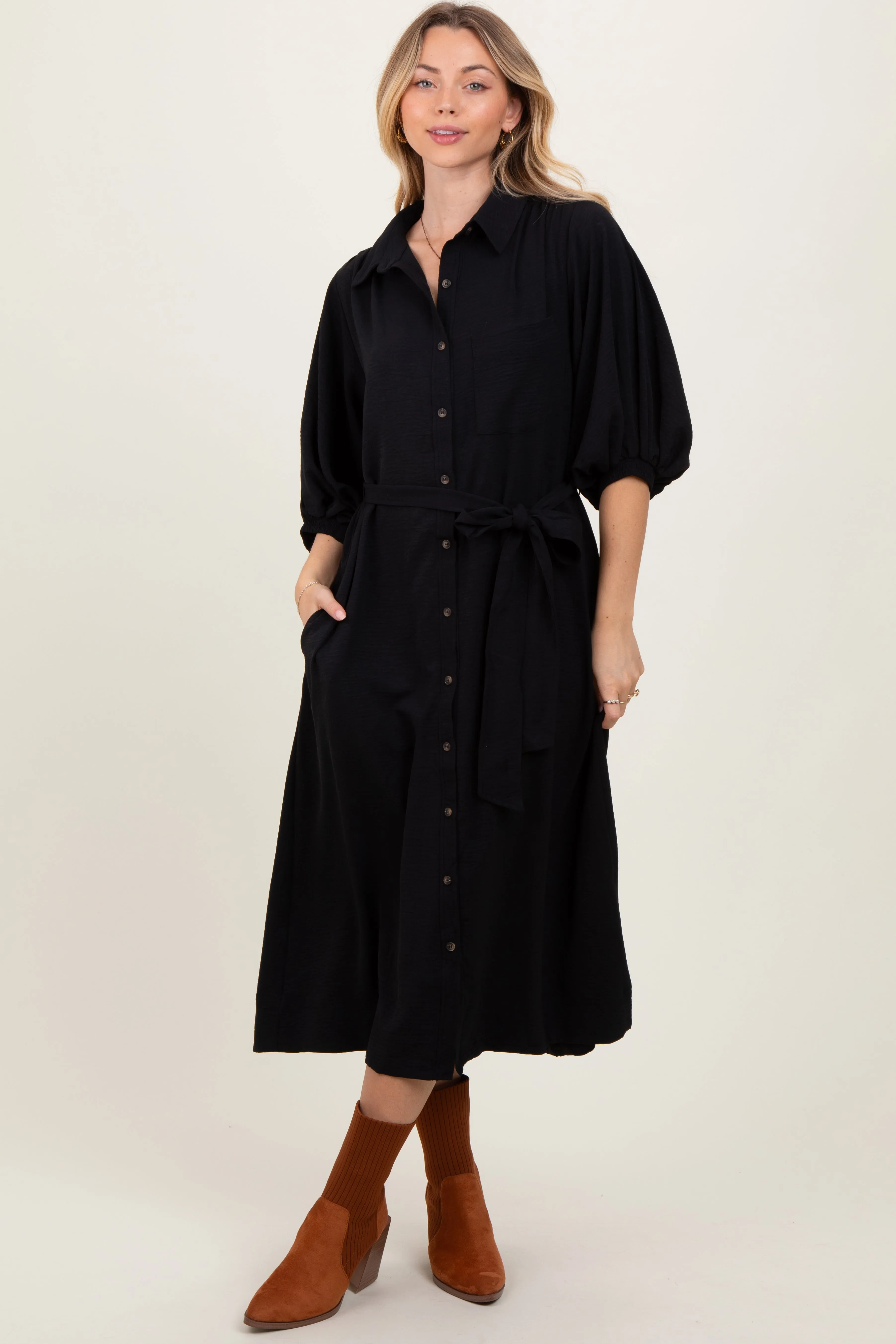 Black Sash Tie Midi Shirt Dress sold by Pinkblush