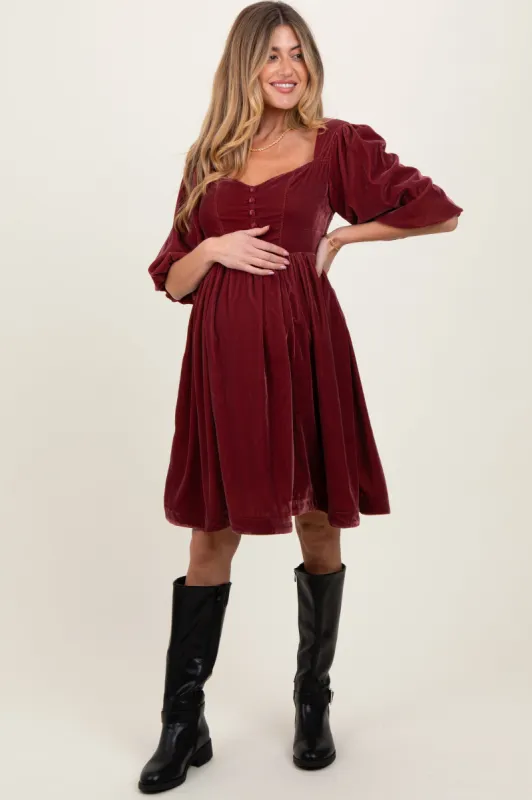 Burgundy Velvet Sweetheart Button Accent Maternity Dress sold by Pinkblush