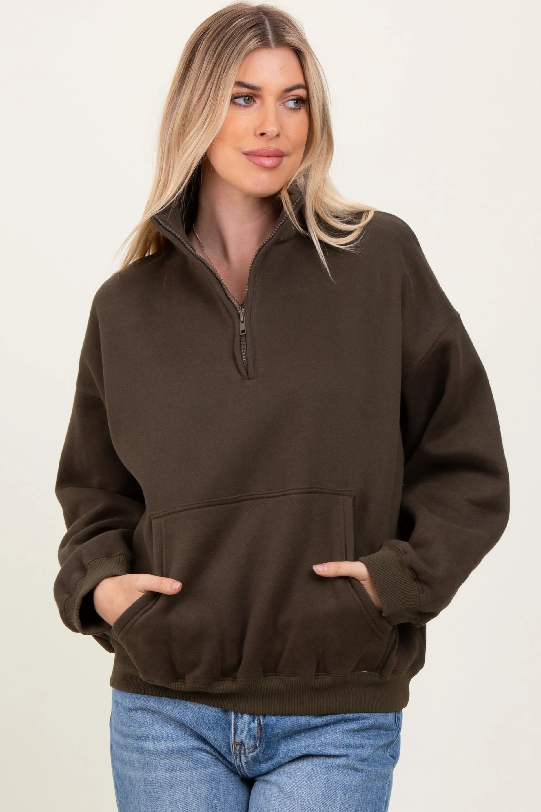 Olive Fleece Oversized Half Zip Maternity Pullover sold by Pinkblush product image thumbnail 4