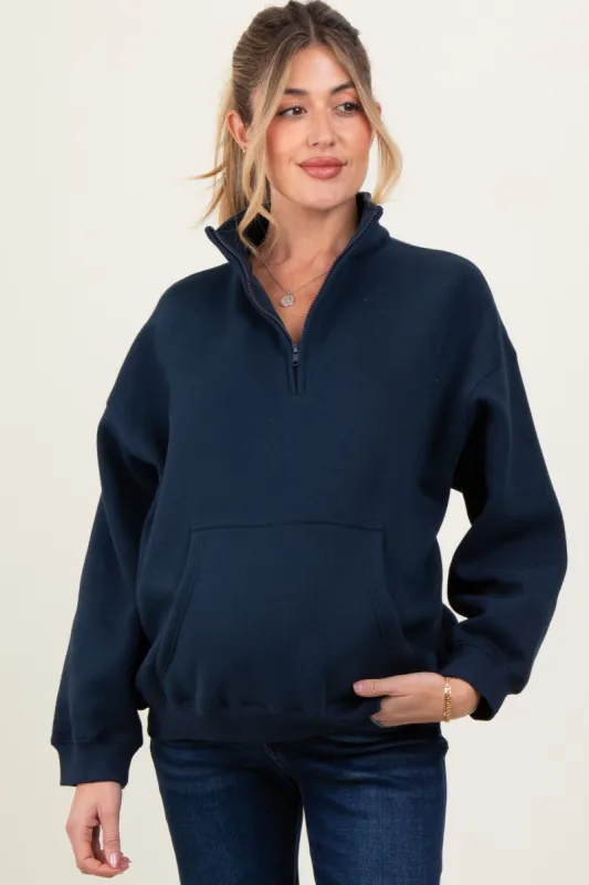 Navy Fleece Oversized Half Zip Maternity Pullover sold by Pinkblush