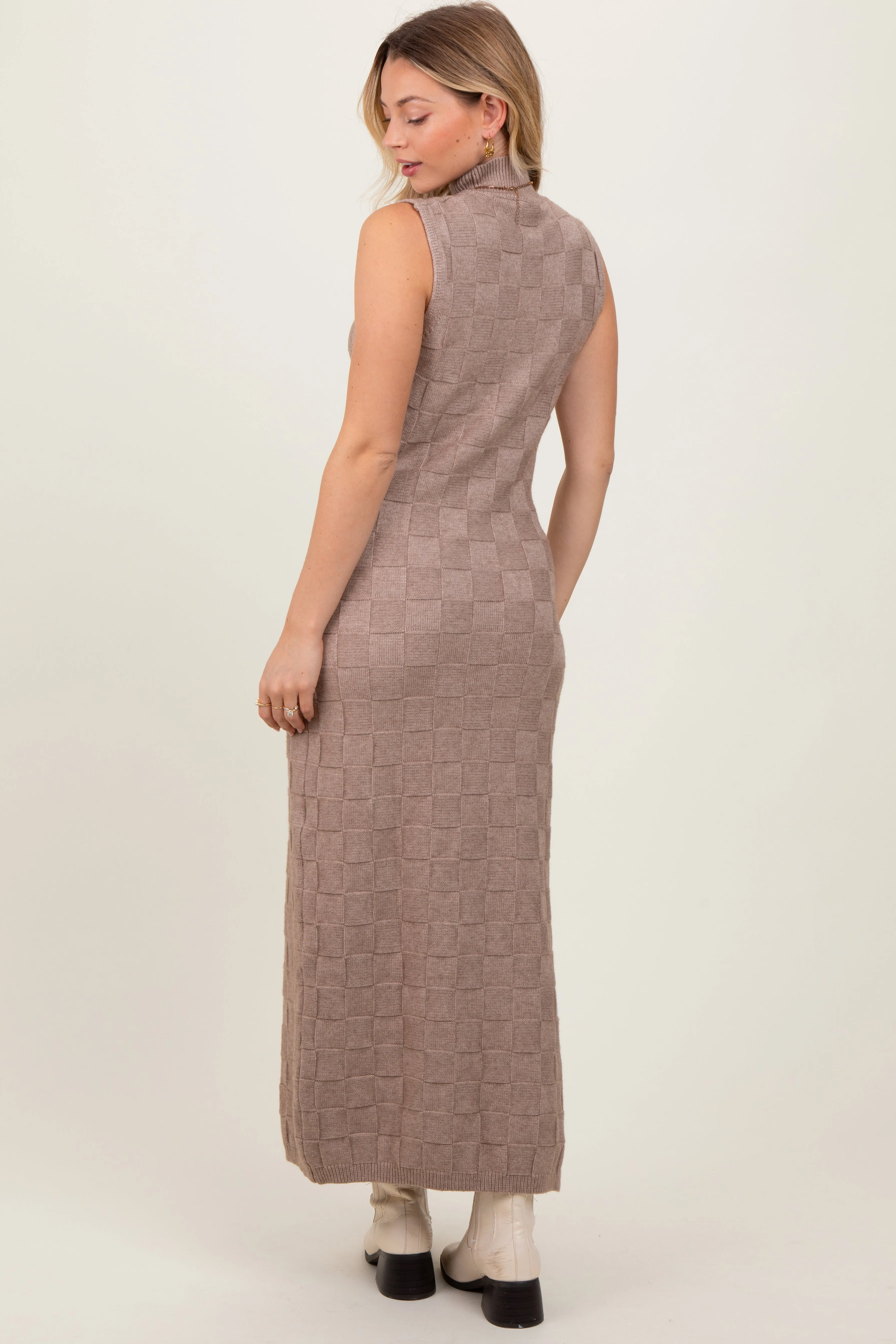 Mocha Checkered Knit Mock Neck Side Slit Maxi Dress sold by Pinkblush product image thumbnail 3