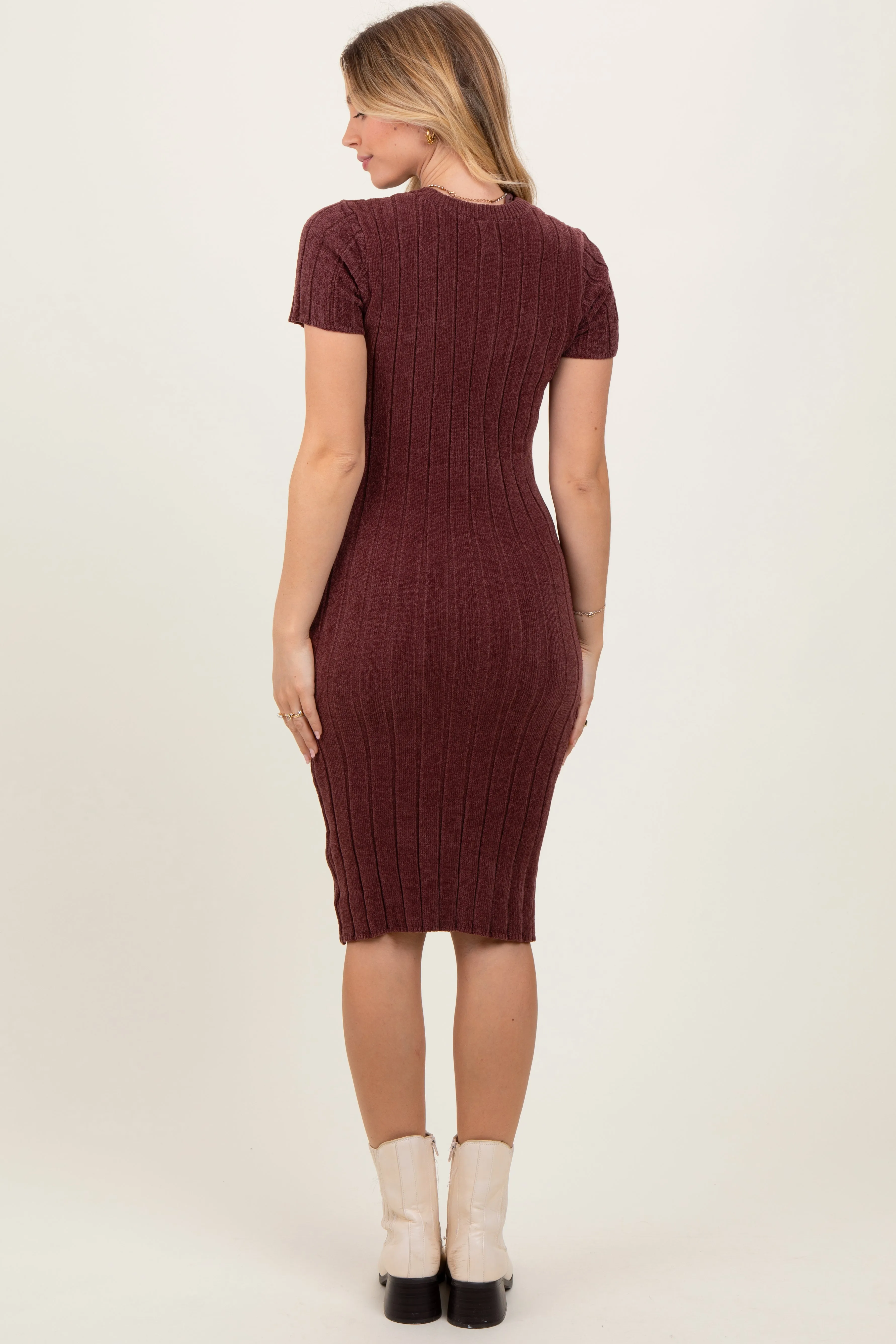 Brown Chenille Knit Short Sleeve Sweater Dress sold by Pinkblush product image thumbnail 4