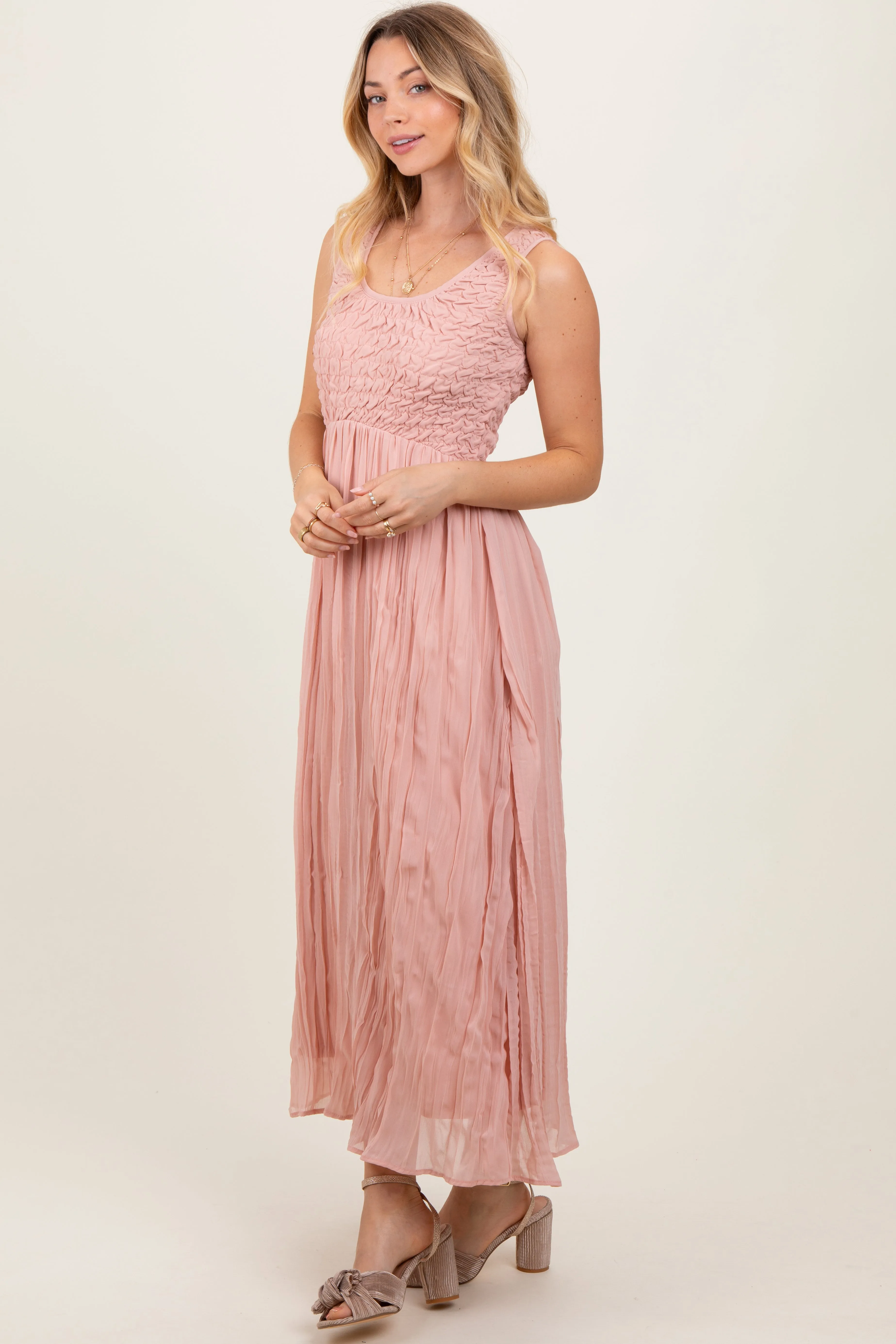 Light Pink Textured Smocked Bodice Sleeveless Maxi Dress sold by Pinkblush product image thumbnail 2