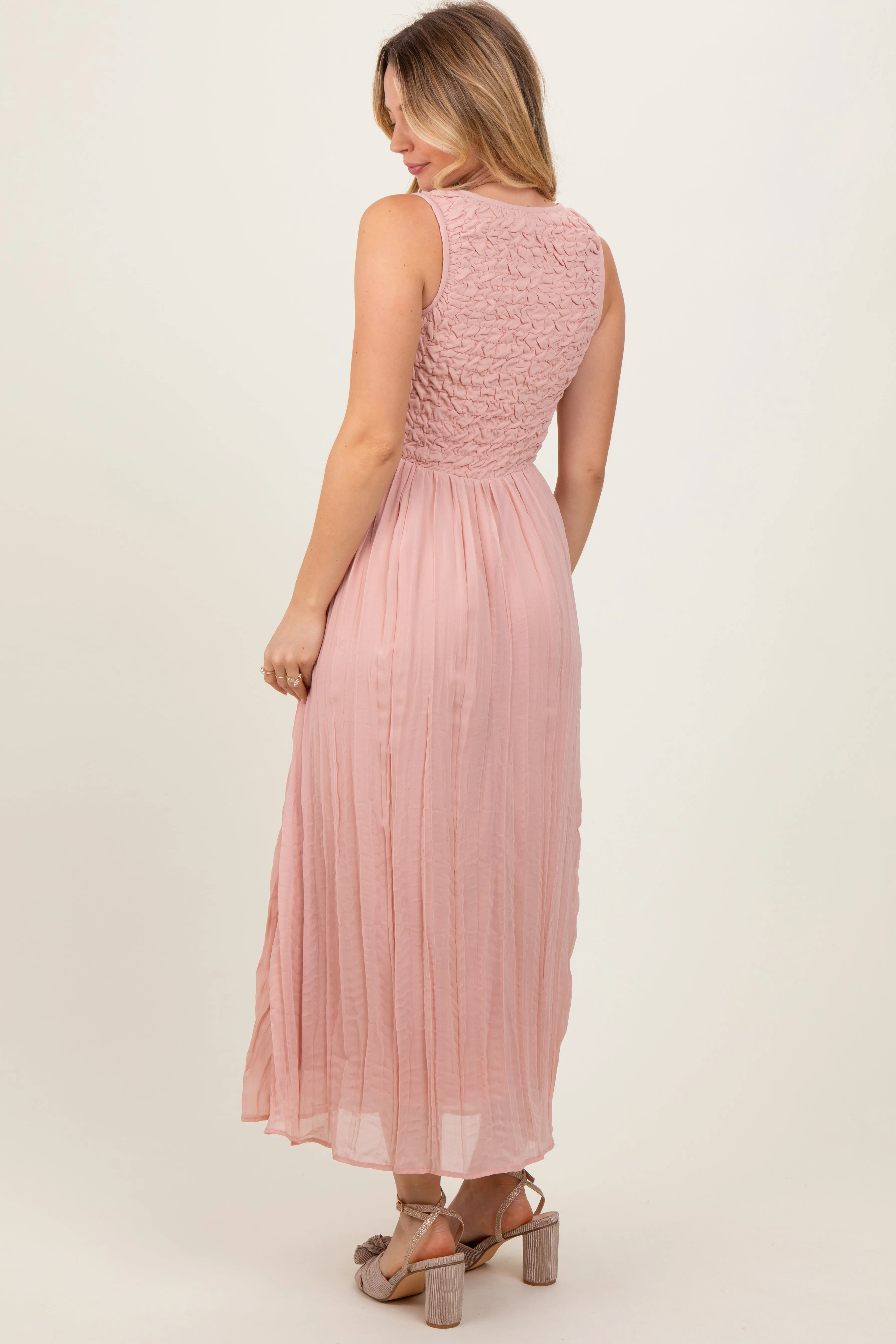 Light Pink Textured Smocked Bodice Sleeveless Maxi Dress sold by Pinkblush product image thumbnail 3