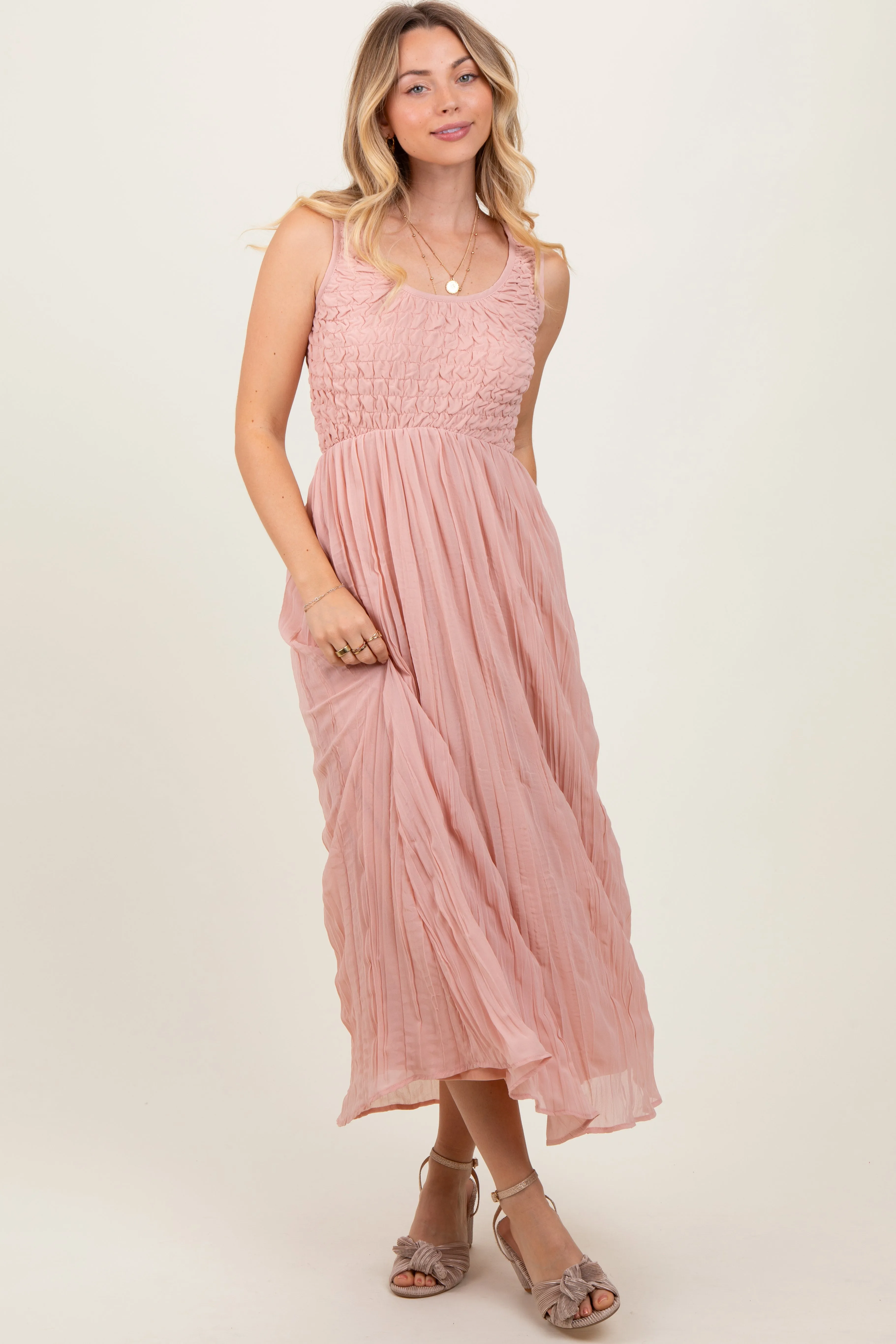 Light Pink Textured Smocked Bodice Sleeveless Maxi Dress sold by Pinkblush