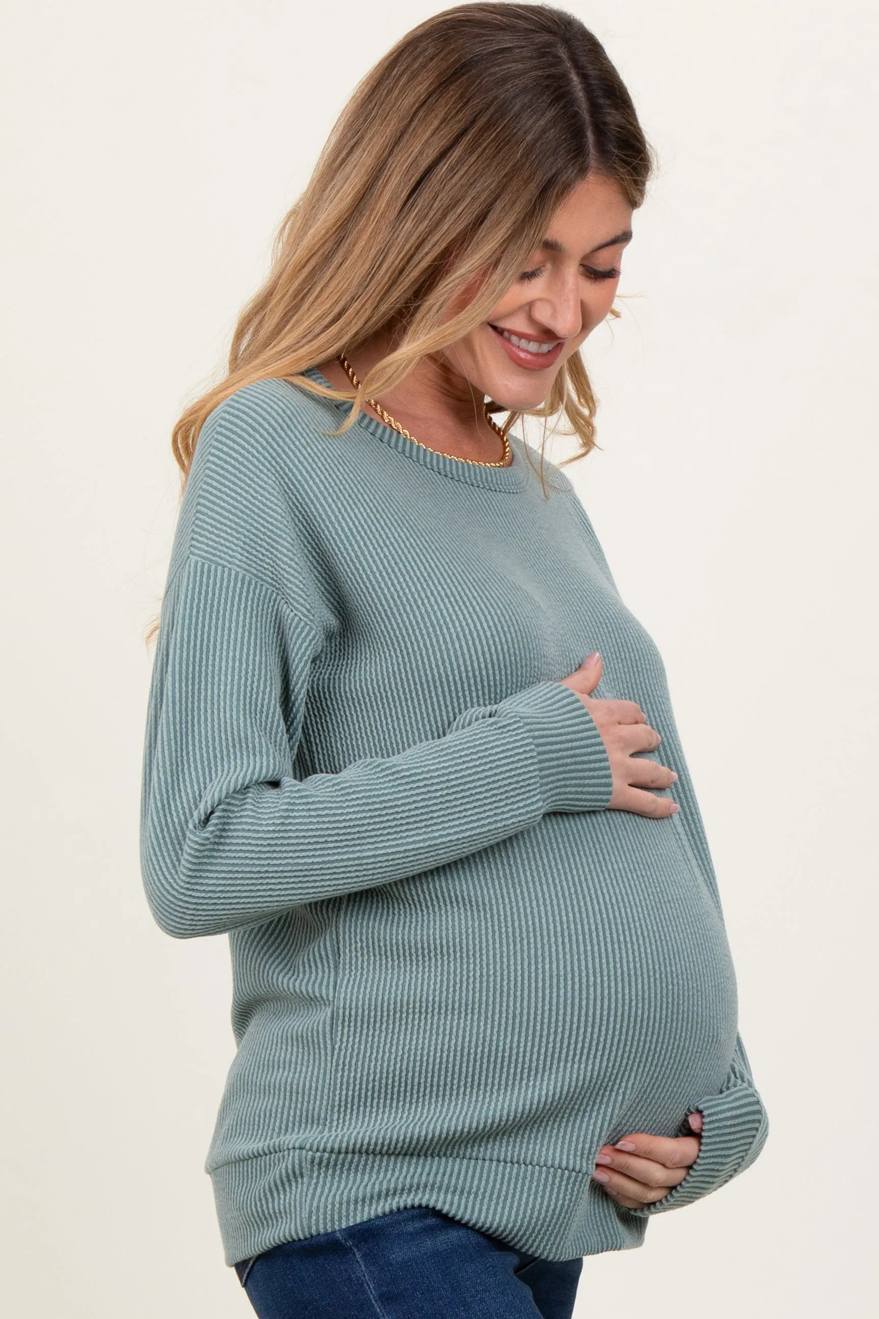 Light Olive Ribbed Long Sleeve Maternity Pullover Top sold by Pinkblush product image thumbnail 3
