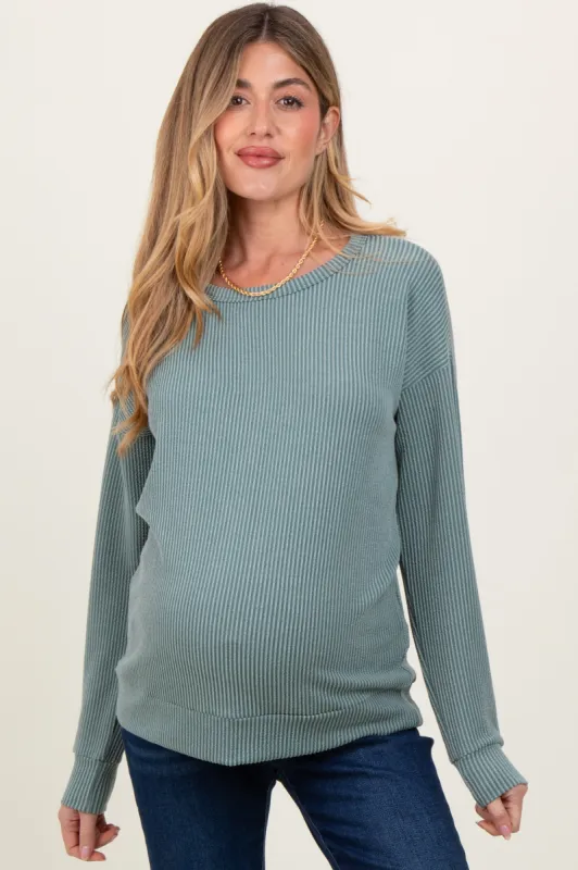 Light Olive Ribbed Long Sleeve Maternity Pullover Top sold by Pinkblush