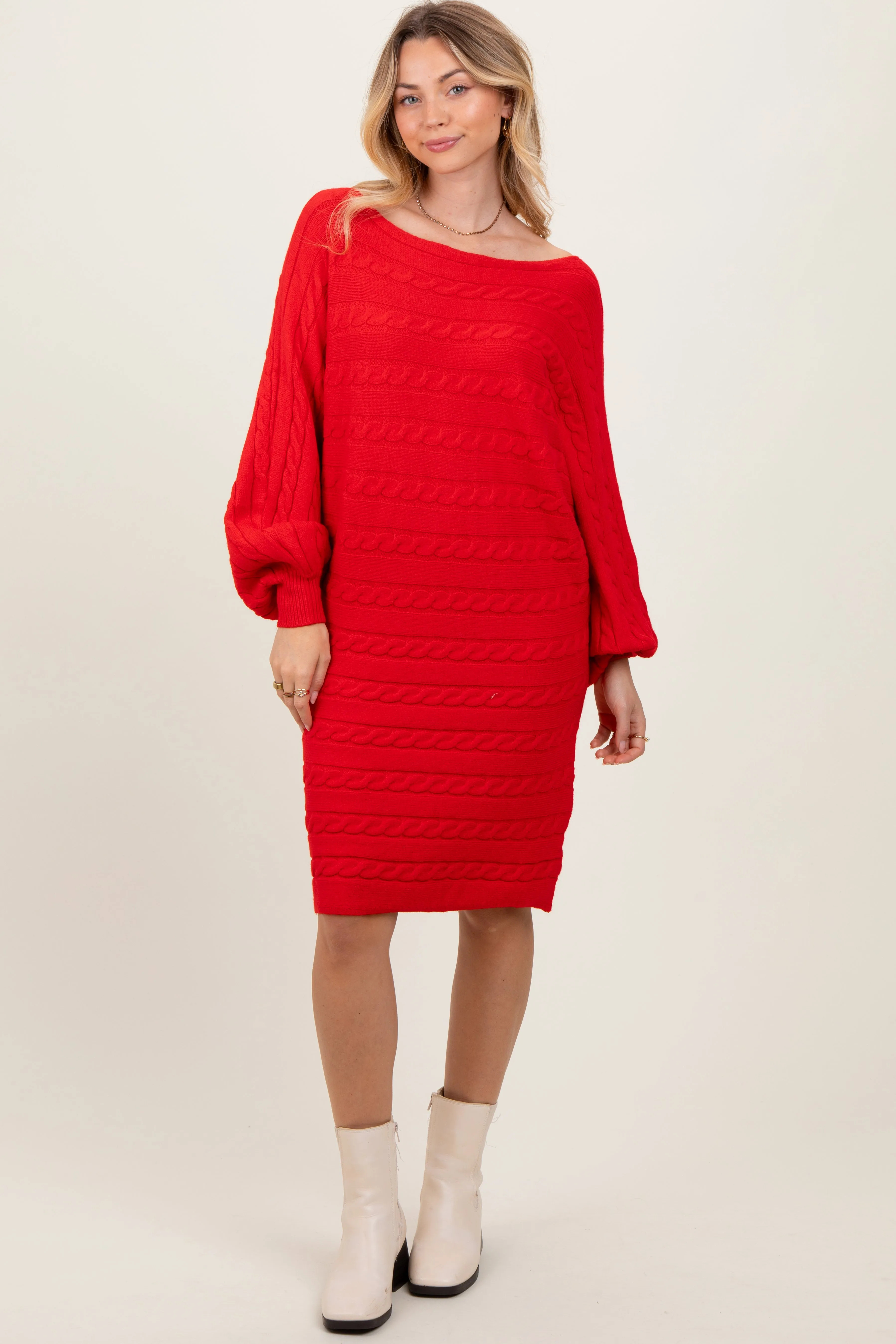 Red Cable Knit Dolman Sleeve Sweater Mini Dress sold by Pinkblush