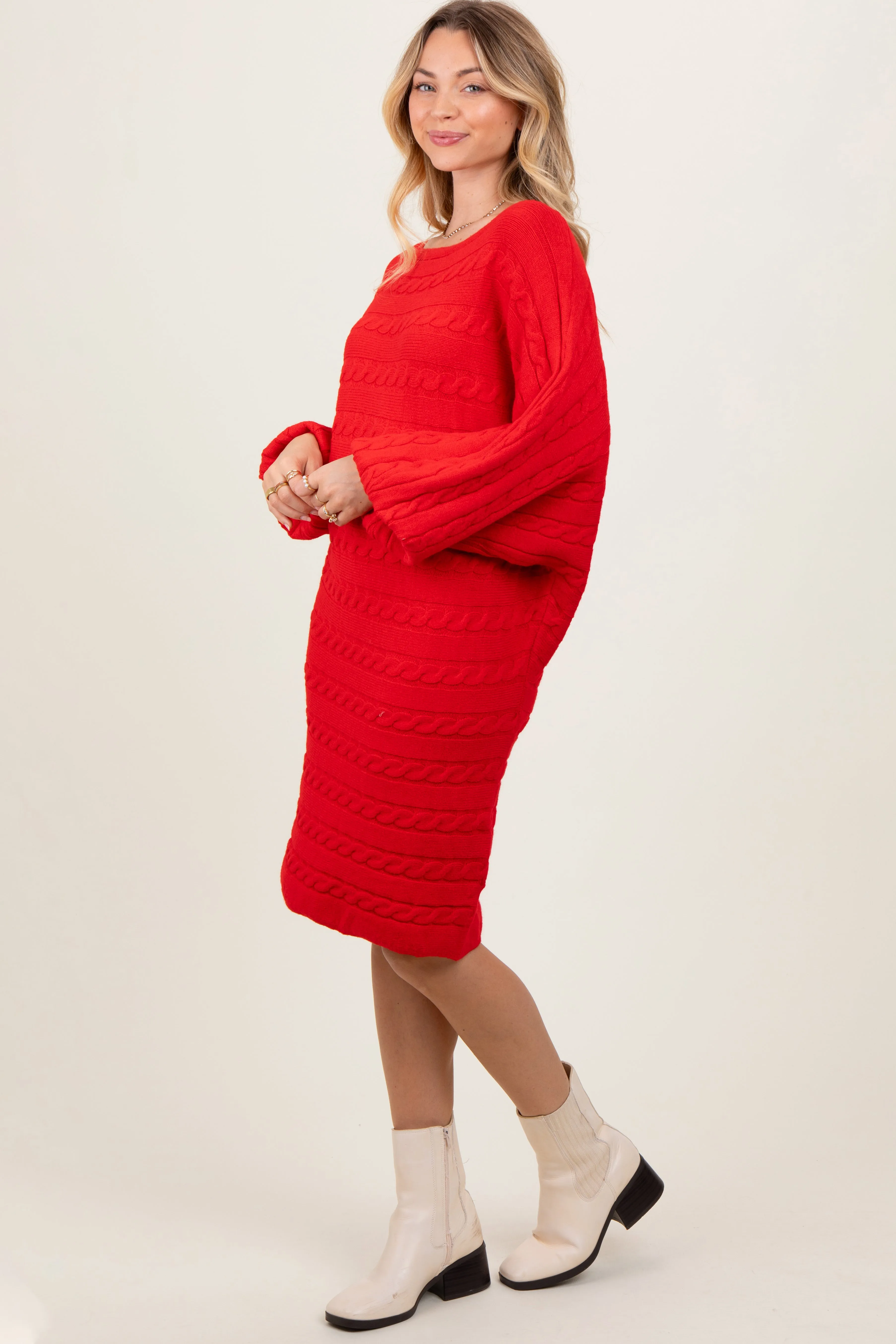 Red Cable Knit Dolman Sleeve Sweater Mini Dress sold by Pinkblush product image thumbnail 3