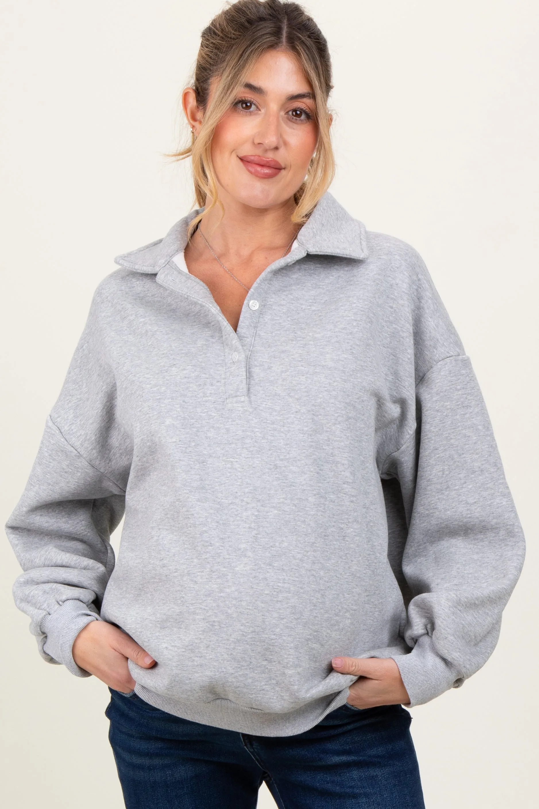Heather Grey Oversized Long Sleeve Polo Maternity Pullover sold by Pinkblush product image thumbnail 2
