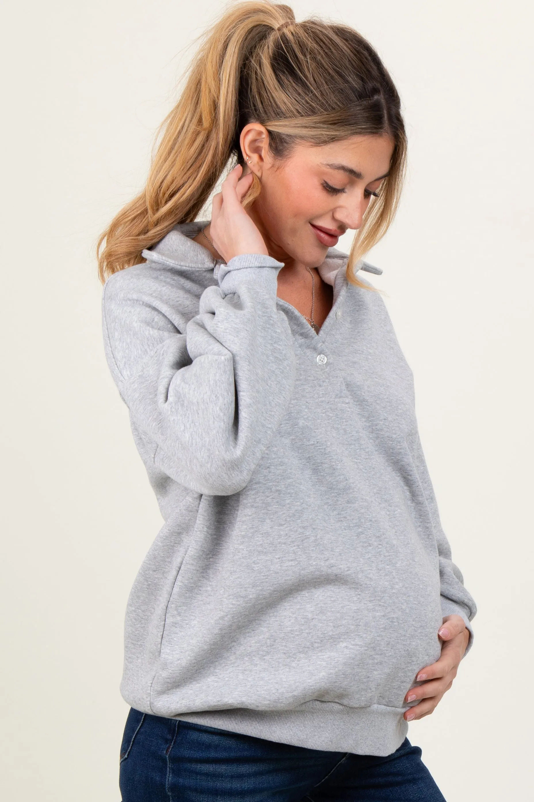 Heather Grey Oversized Long Sleeve Polo Maternity Pullover sold by Pinkblush product image thumbnail 3