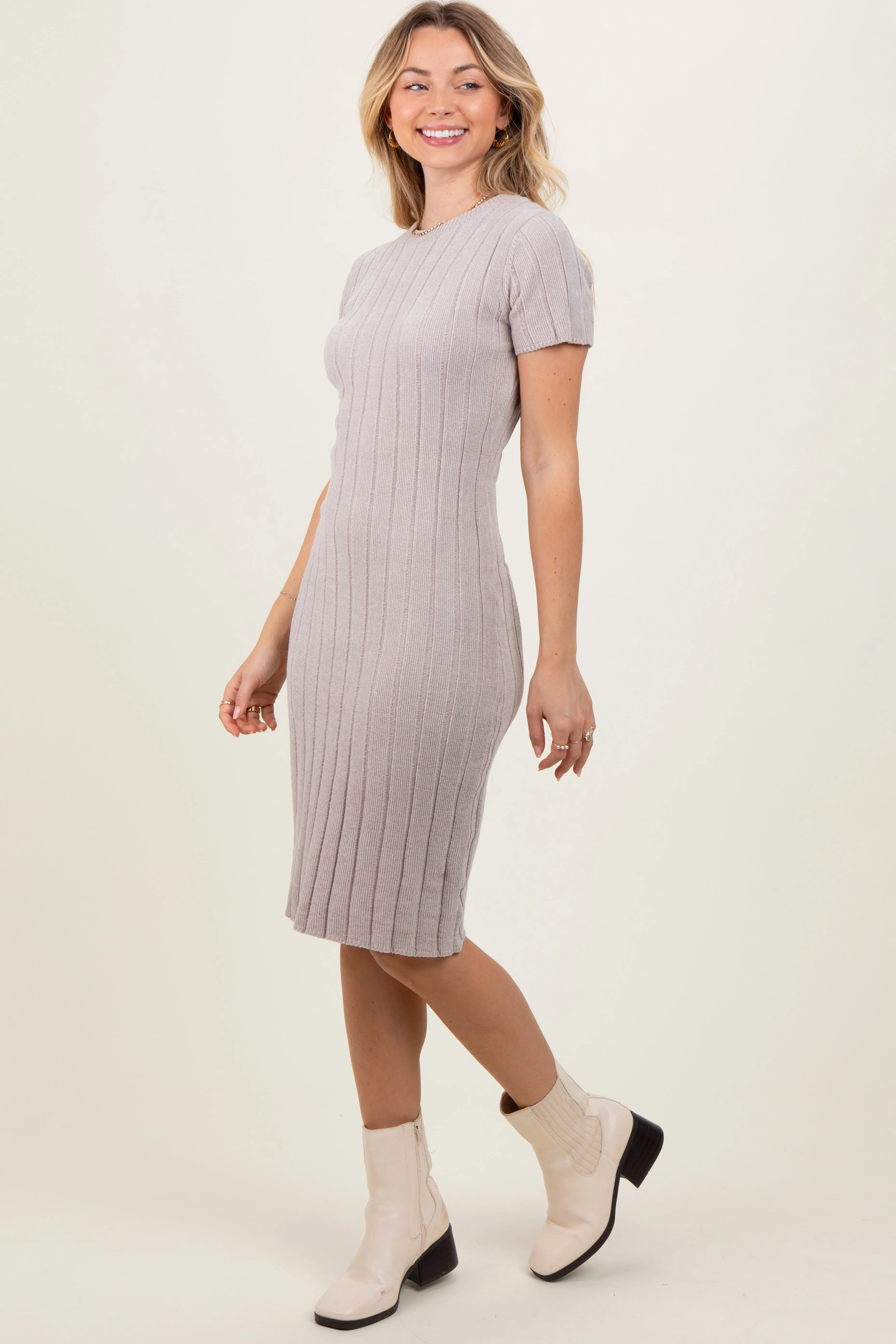 Beige Chenille Knit Short Sleeve Sweater Dress sold by Pinkblush product image thumbnail 3