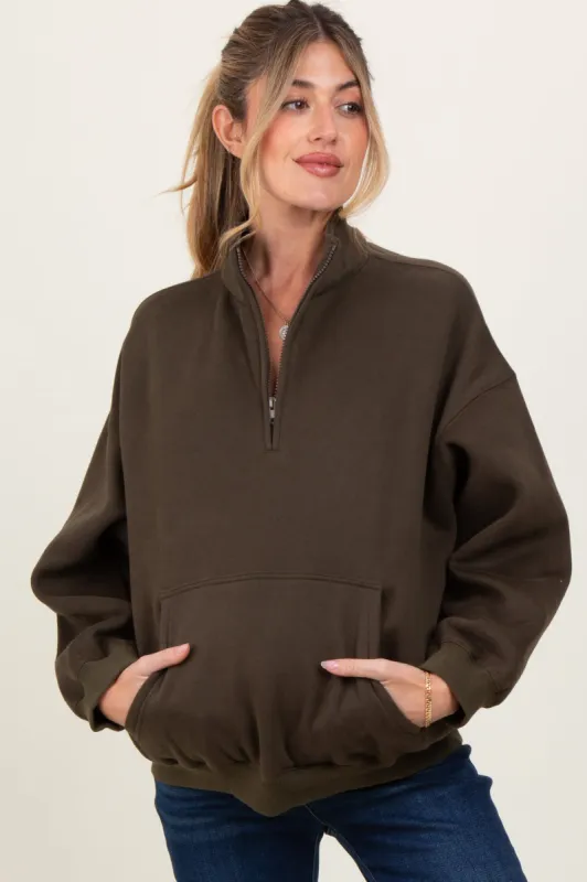 Olive Fleece Oversized Half Zip Maternity Pullover sold by Pinkblush