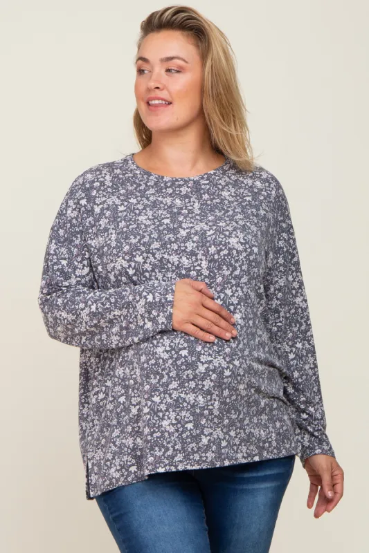 Navy Floral Side Slit Maternity Plus Long Sleeve Top sold by Pinkblush