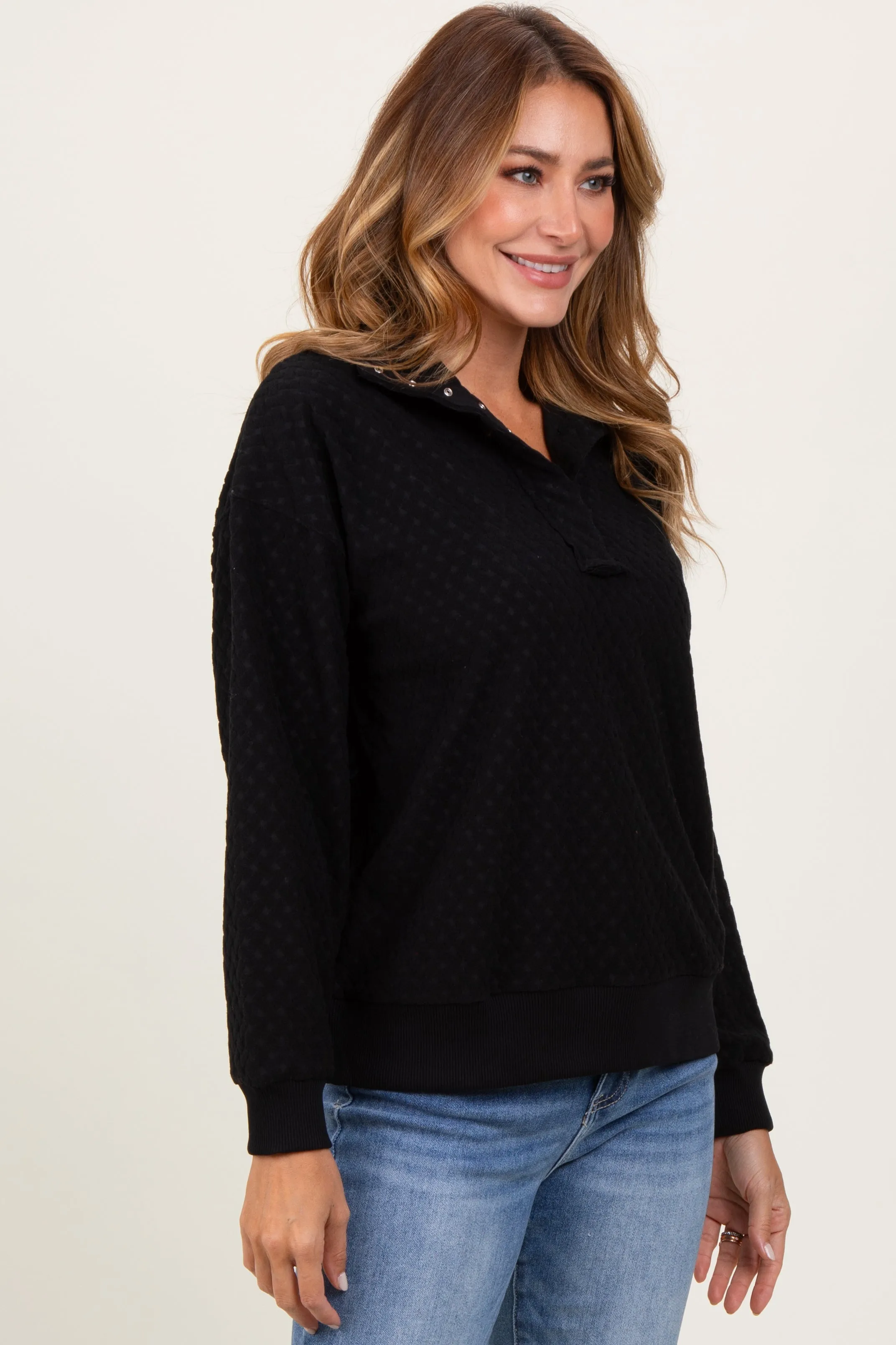 Black Quilted Knit Snap Collar Pullover Top sold by Pinkblush product image thumbnail 3