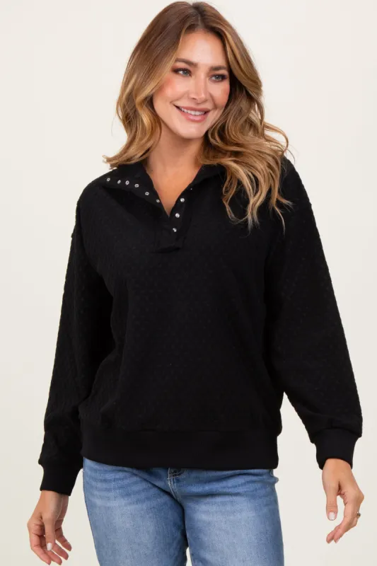 Black Quilted Knit Snap Collar Pullover Top sold by Pinkblush
