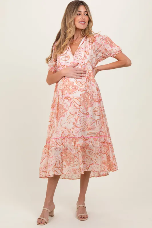 Pink Paisley Front Tie Ruffle Trim Maternity Midi Dress sold by Pinkblush