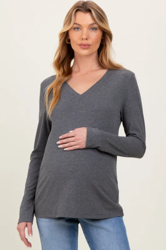 Charcoal Ribbed Knit V-Neck Maternity Long Sleeve Top sold by Pinkblush