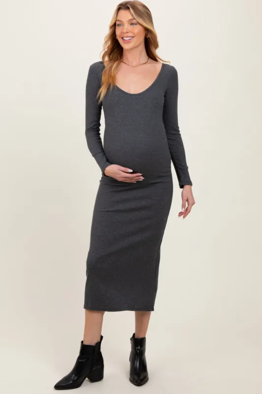 Charcoal Scoop Neck Long Sleeve Maternity Midi Dress sold by Pinkblush