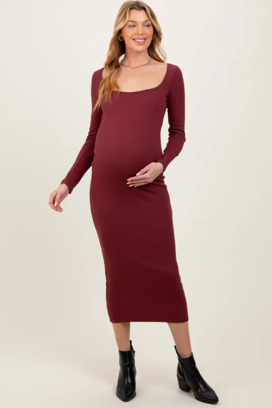 Burgundy Square Neck Rib Long Sleeve Maternity Maxi Dress sold by Pinkblush