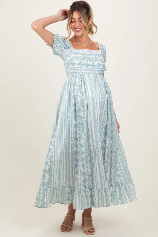 Light Blue Floral Puff Sleeve Lace Trim Maternity Maxi Dress sold by Pinkblush