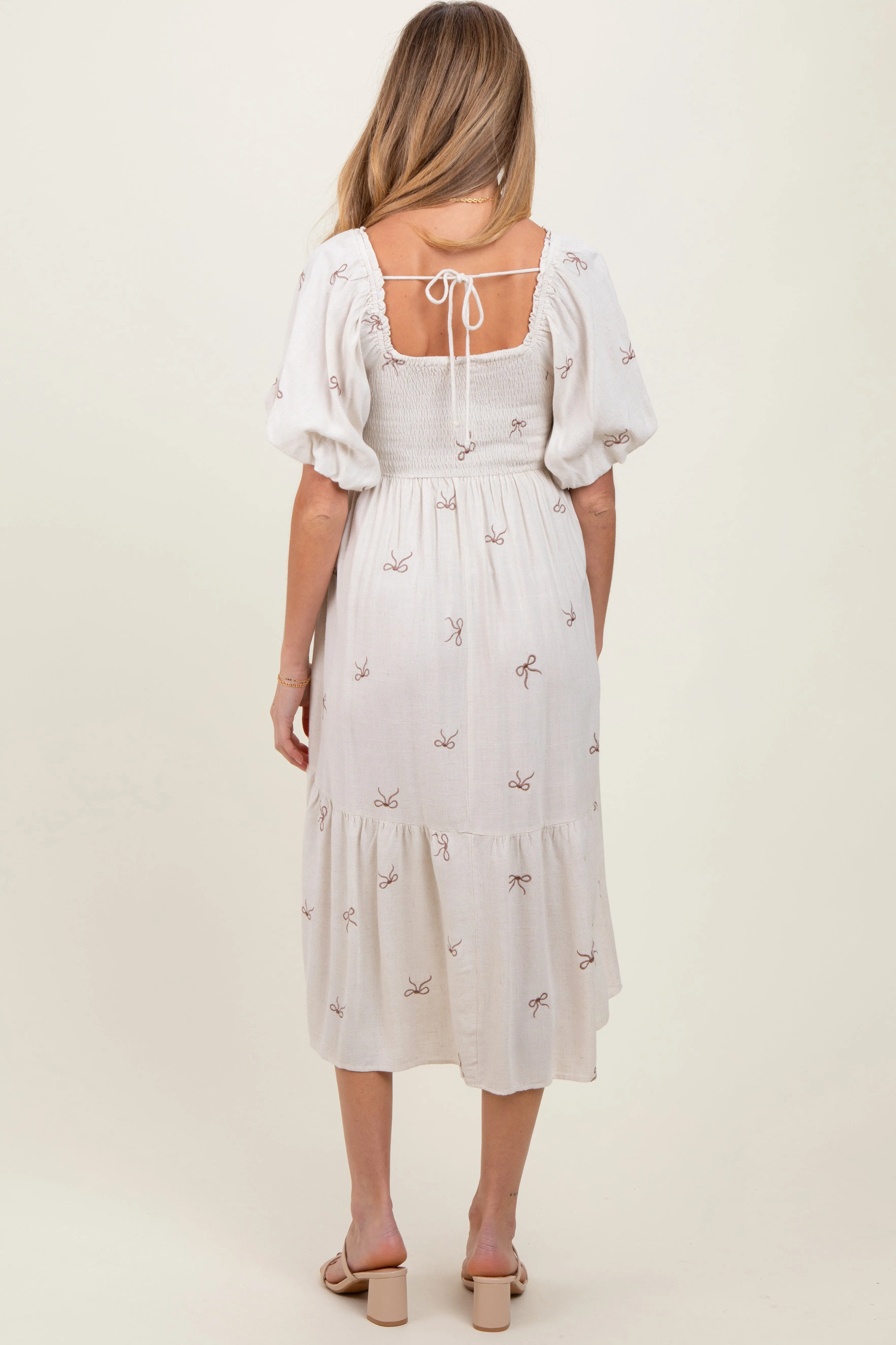 Cream Ribbon Print Smocked Maternity Midi Dress sold by Pinkblush product image thumbnail 4