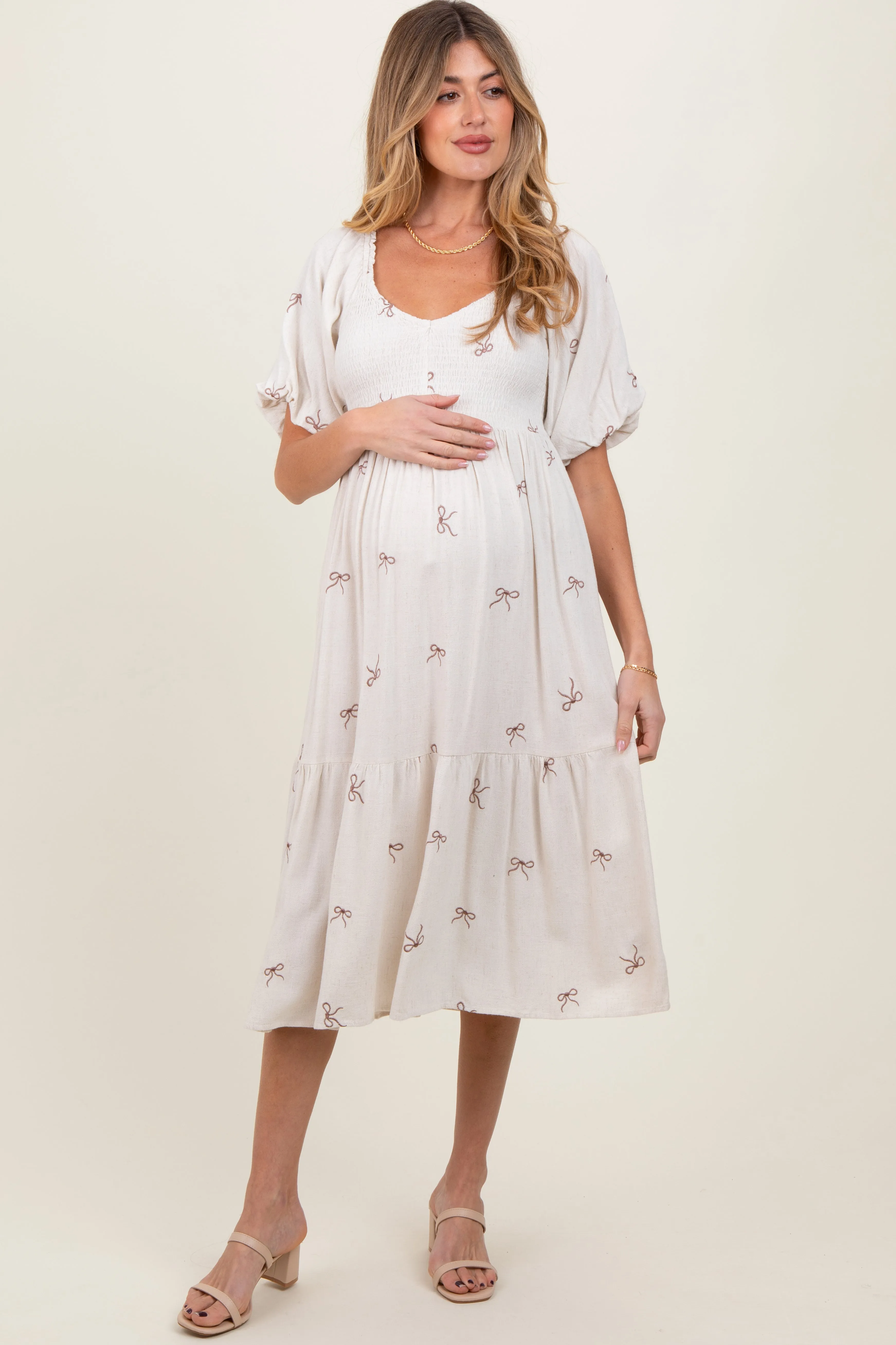 Cream Ribbon Print Smocked Maternity Midi Dress sold by Pinkblush