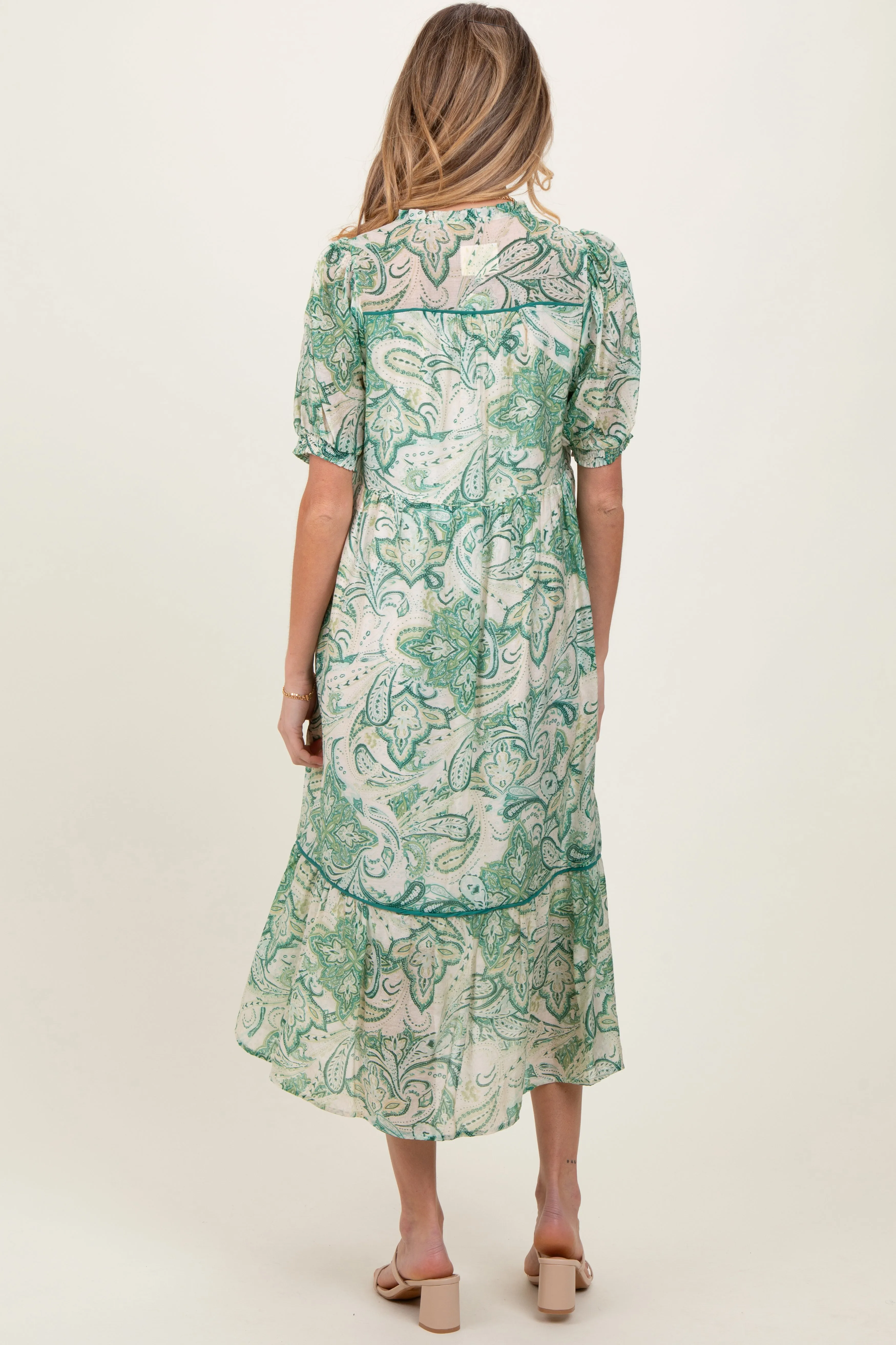 Green Paisley Front Tie Ruffle Trim Maternity Midi Dress sold by Pinkblush product image thumbnail 3