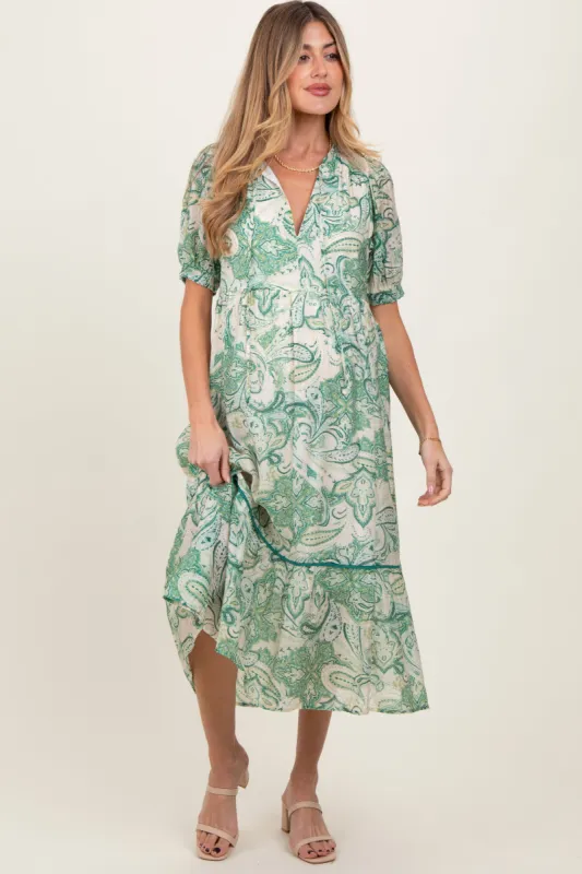 Green Paisley Front Tie Ruffle Trim Maternity Midi Dress sold by Pinkblush