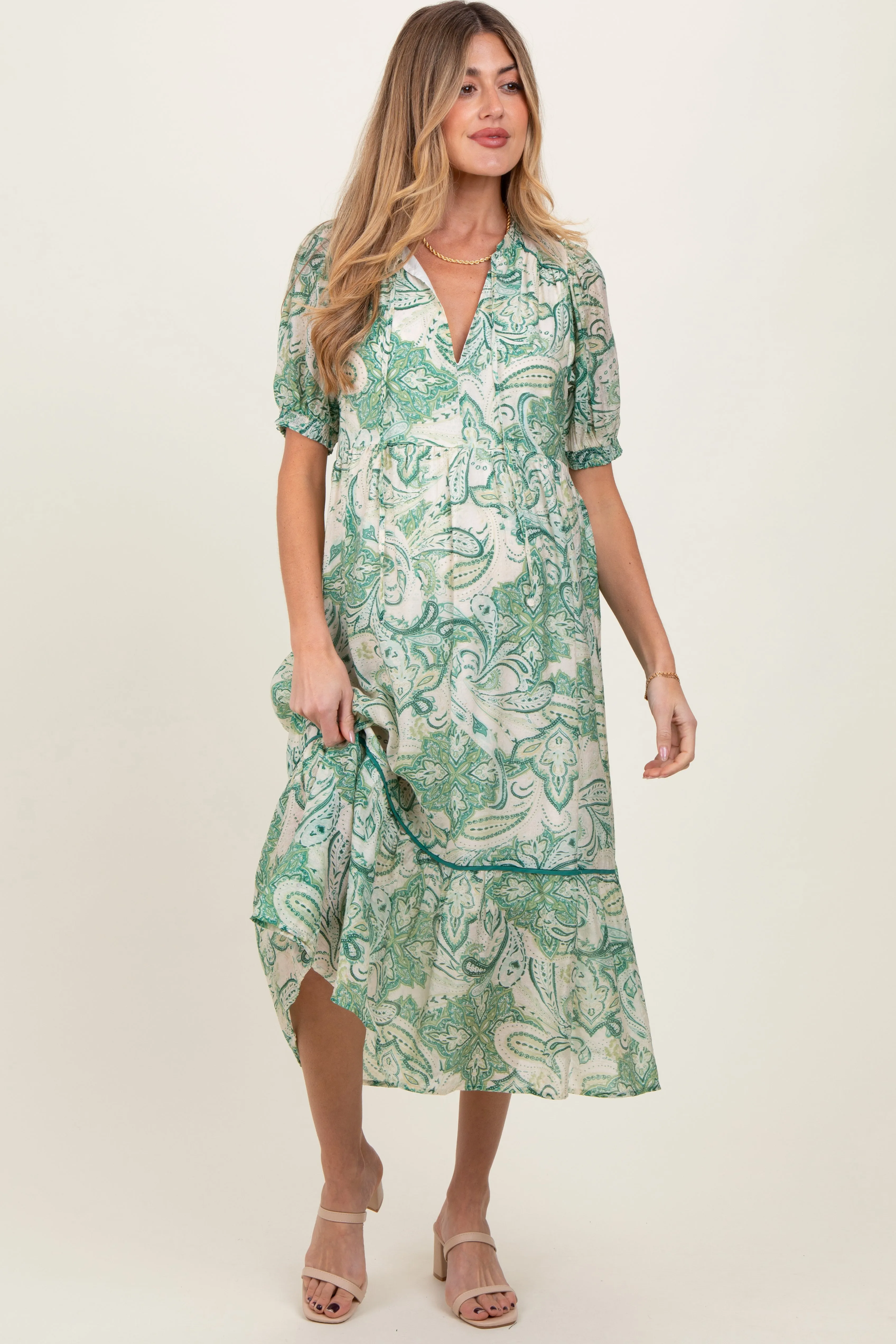 Green Paisley Front Tie Ruffle Trim Maternity Midi Dress sold by Pinkblush