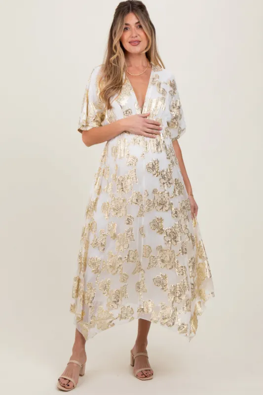 Cream Metallic Floral Jacquard Overlay Maternity Maxi Dress sold by Pinkblush
