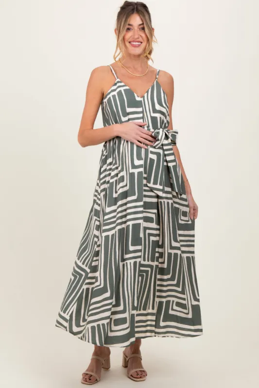 Light Olive Geometric Print Sash Tie Maternity Maxi Dress sold by Pinkblush
