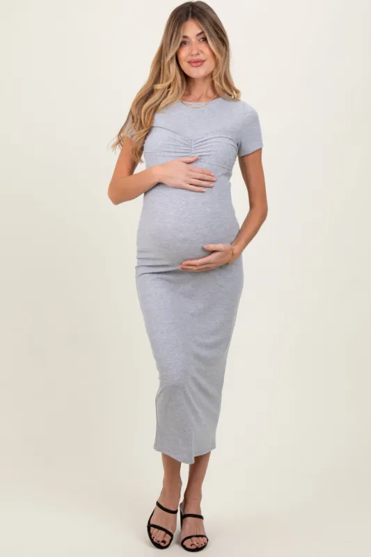 Heather Grey Ruched Bust Short Sleeve Maternity Maxi Dress sold by Pinkblush
