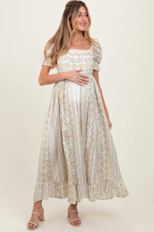 Peach Floral Puff Sleeve Lace Trim Maternity Maxi Dress sold by Pinkblush