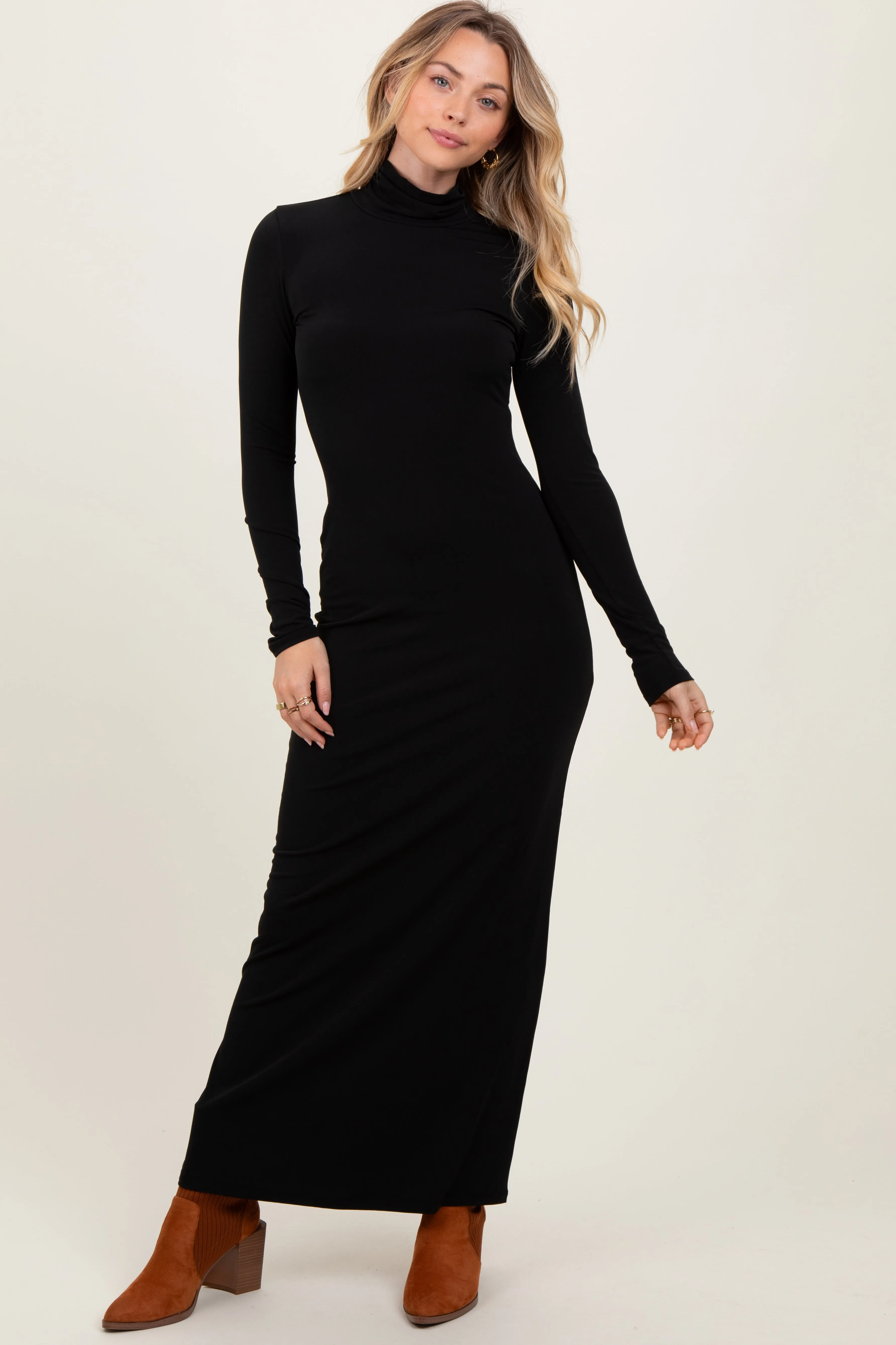 Black Turtleneck Long Sleeve Fitted Maxi Dress sold by Pinkblush