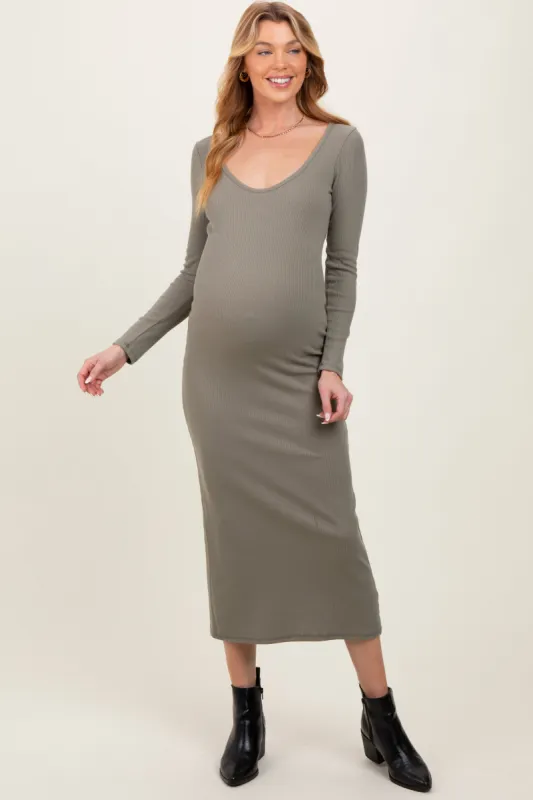 Olive Scoop Neck Long Sleeve Maternity Midi Dress sold by Pinkblush