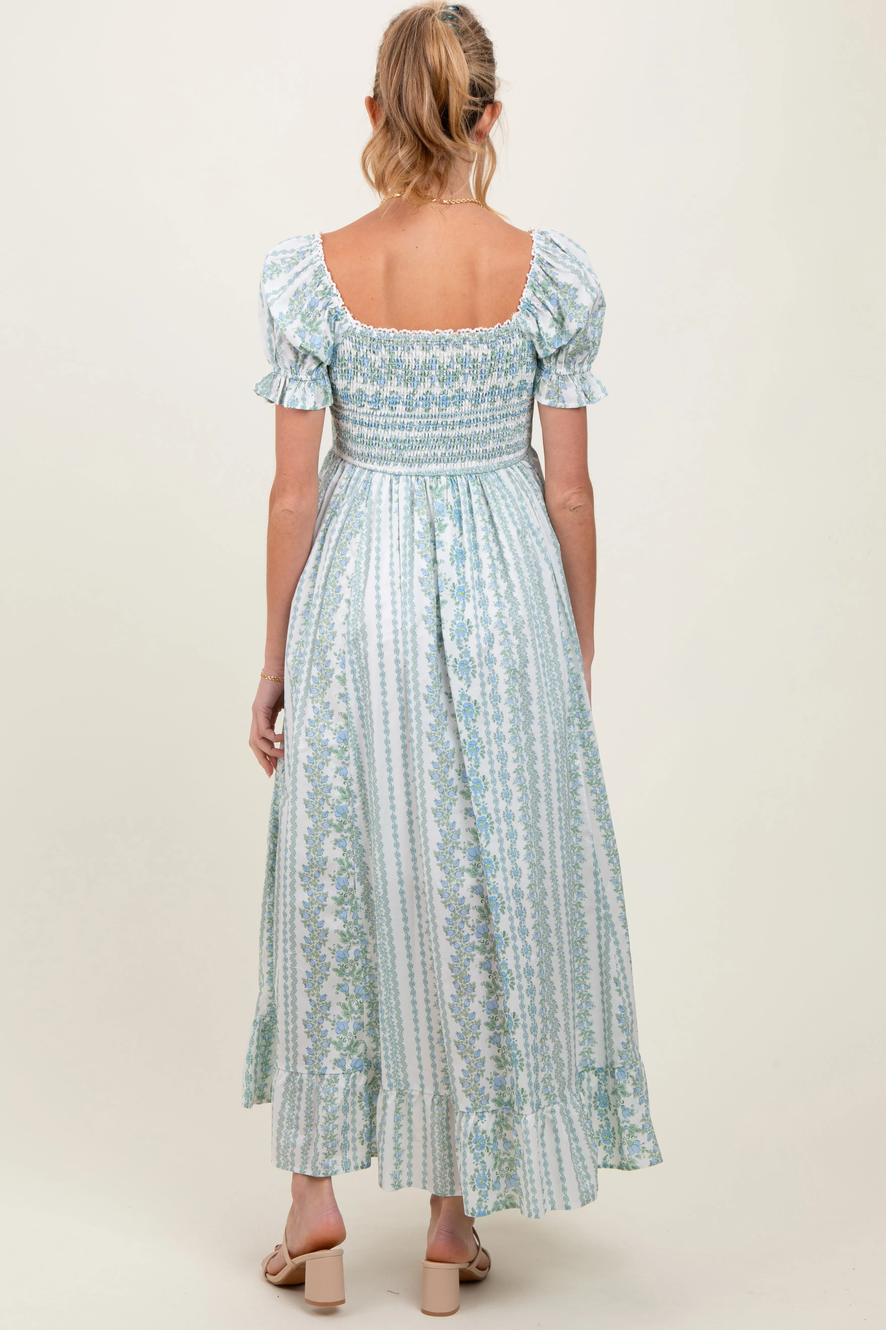 Light Blue Floral Puff Sleeve Lace Trim Maternity Maxi Dress sold by Pinkblush product image thumbnail 4