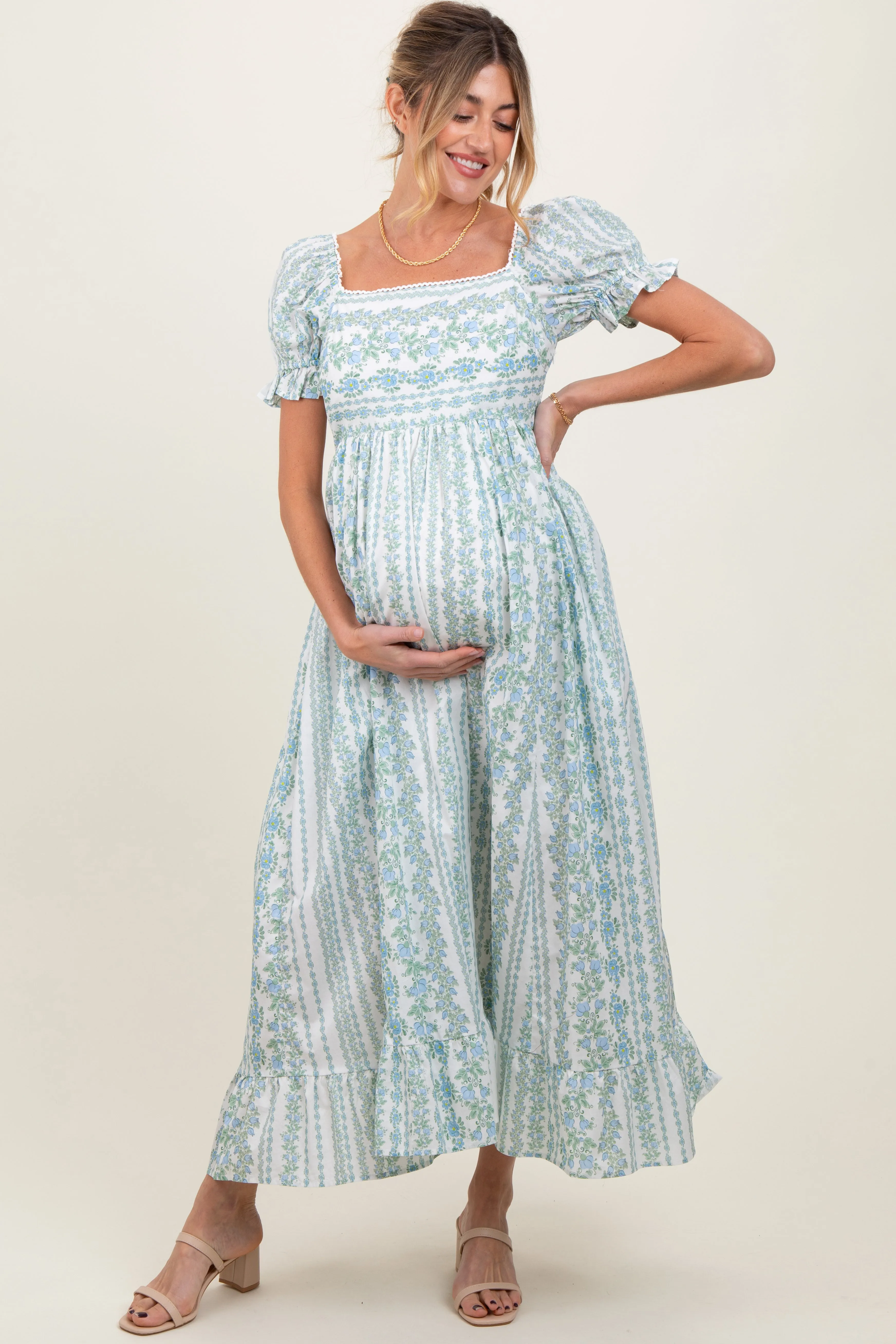 Light Blue Floral Puff Sleeve Lace Trim Maternity Maxi Dress sold by Pinkblush product image thumbnail 2