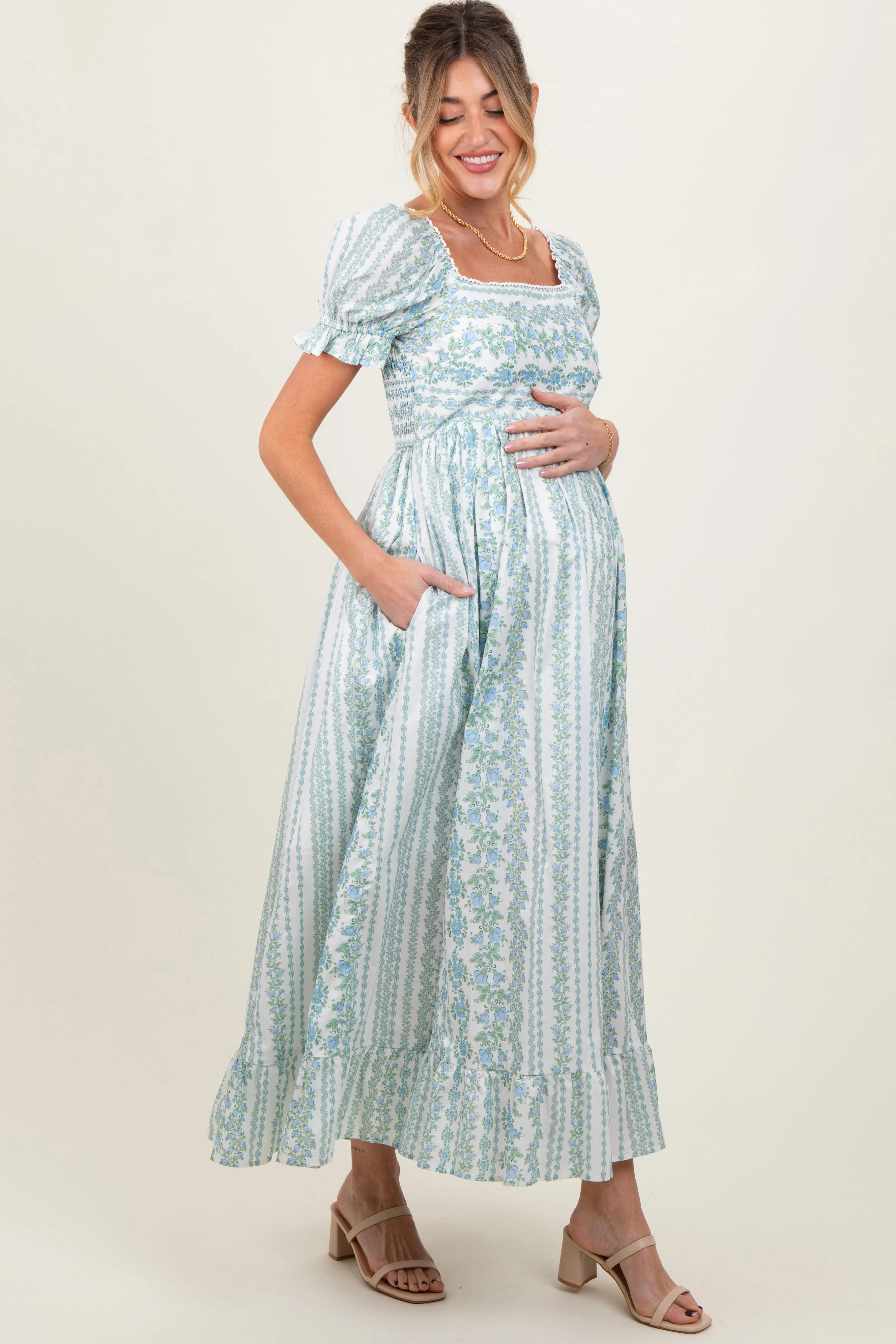 Light Blue Floral Puff Sleeve Lace Trim Maternity Maxi Dress sold by Pinkblush product image thumbnail 3