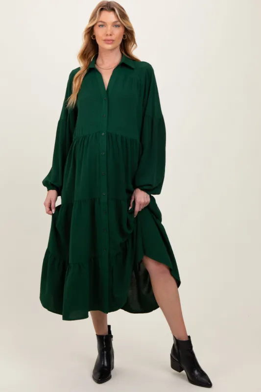 Forest Green Tiered Button Down Long Sleeve Maternity Maxi Dress made by Pinkblush