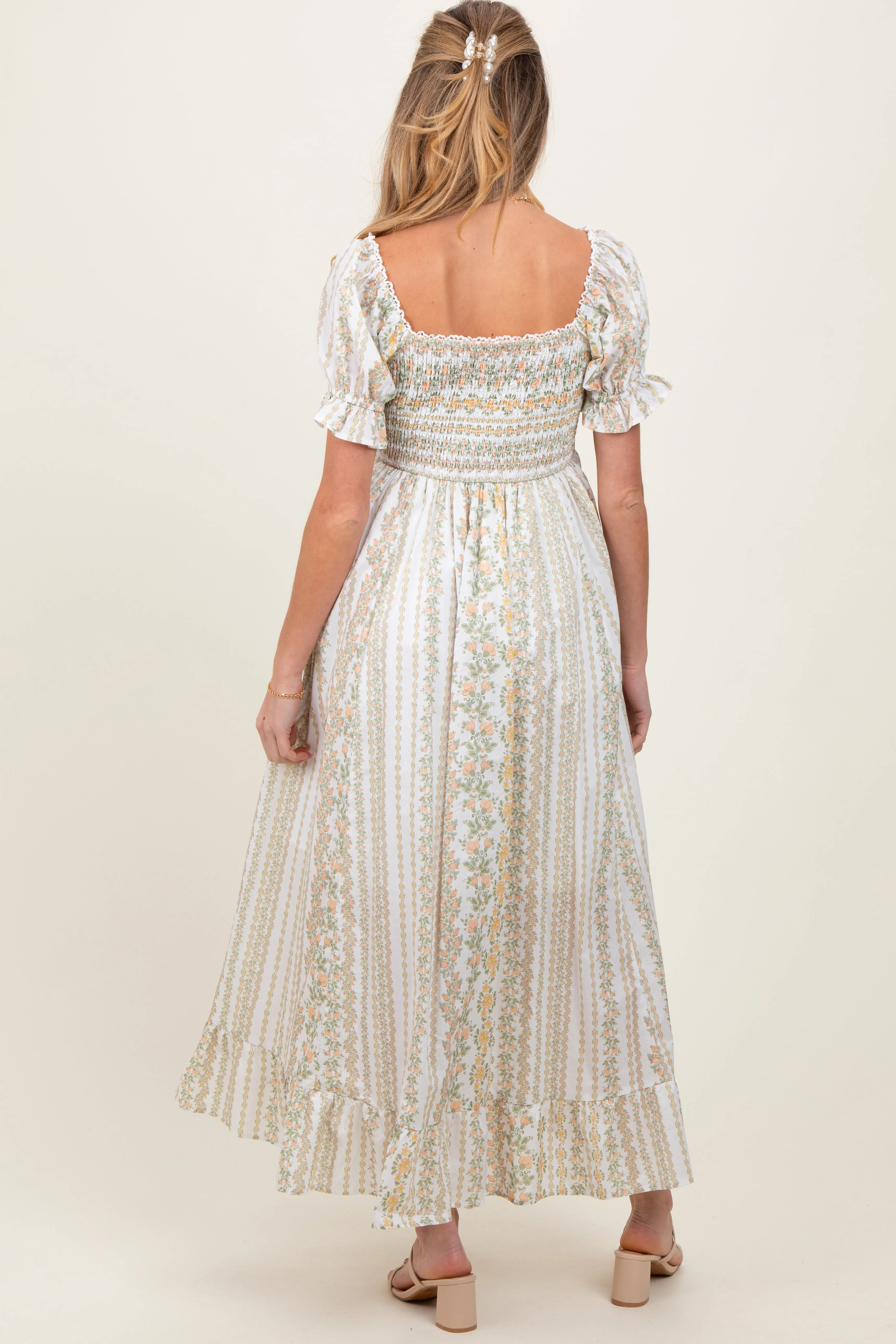 Peach Floral Puff Sleeve Lace Trim Maternity Maxi Dress sold by Pinkblush product image thumbnail 4