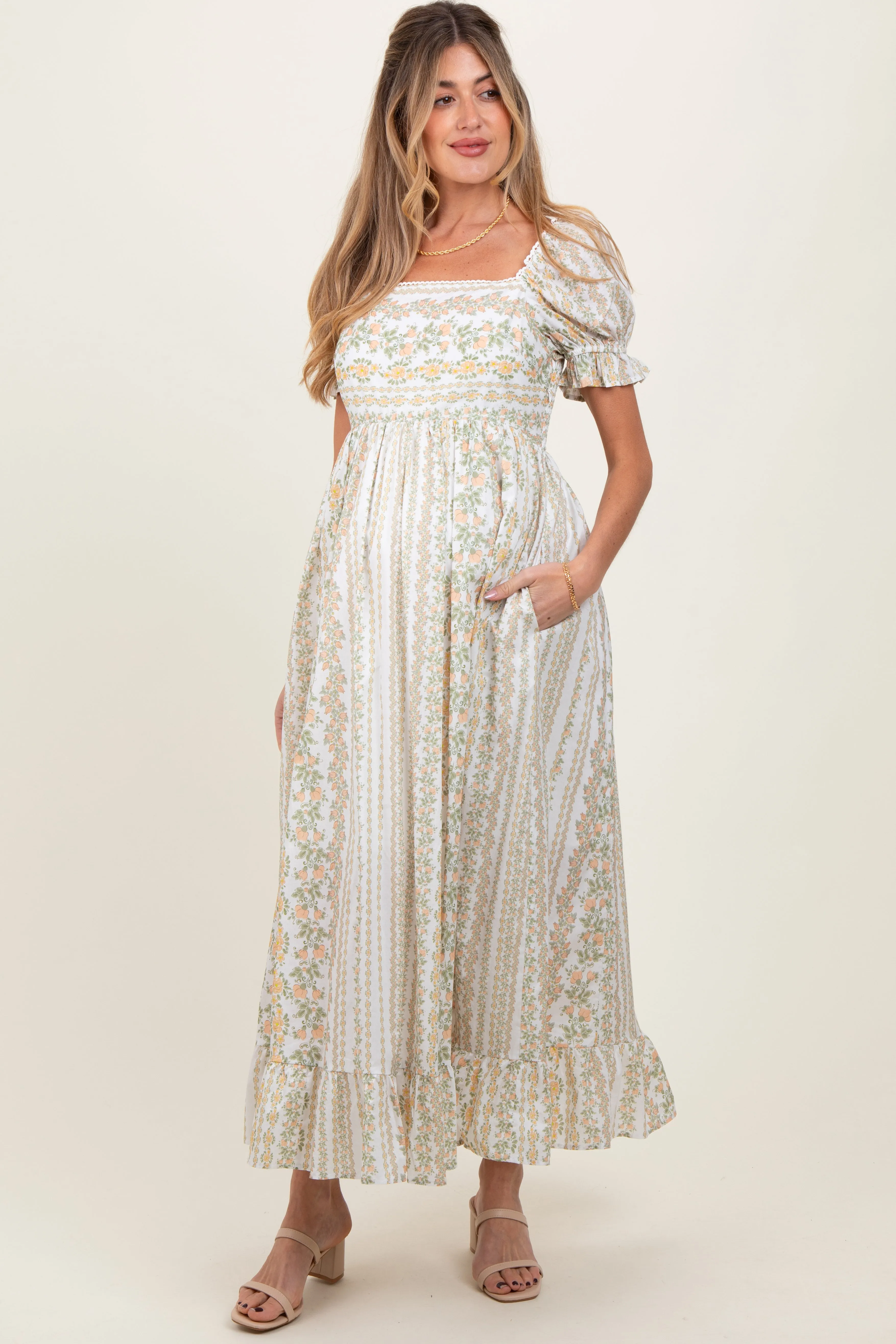Peach Floral Puff Sleeve Lace Trim Maternity Maxi Dress sold by Pinkblush product image thumbnail 2