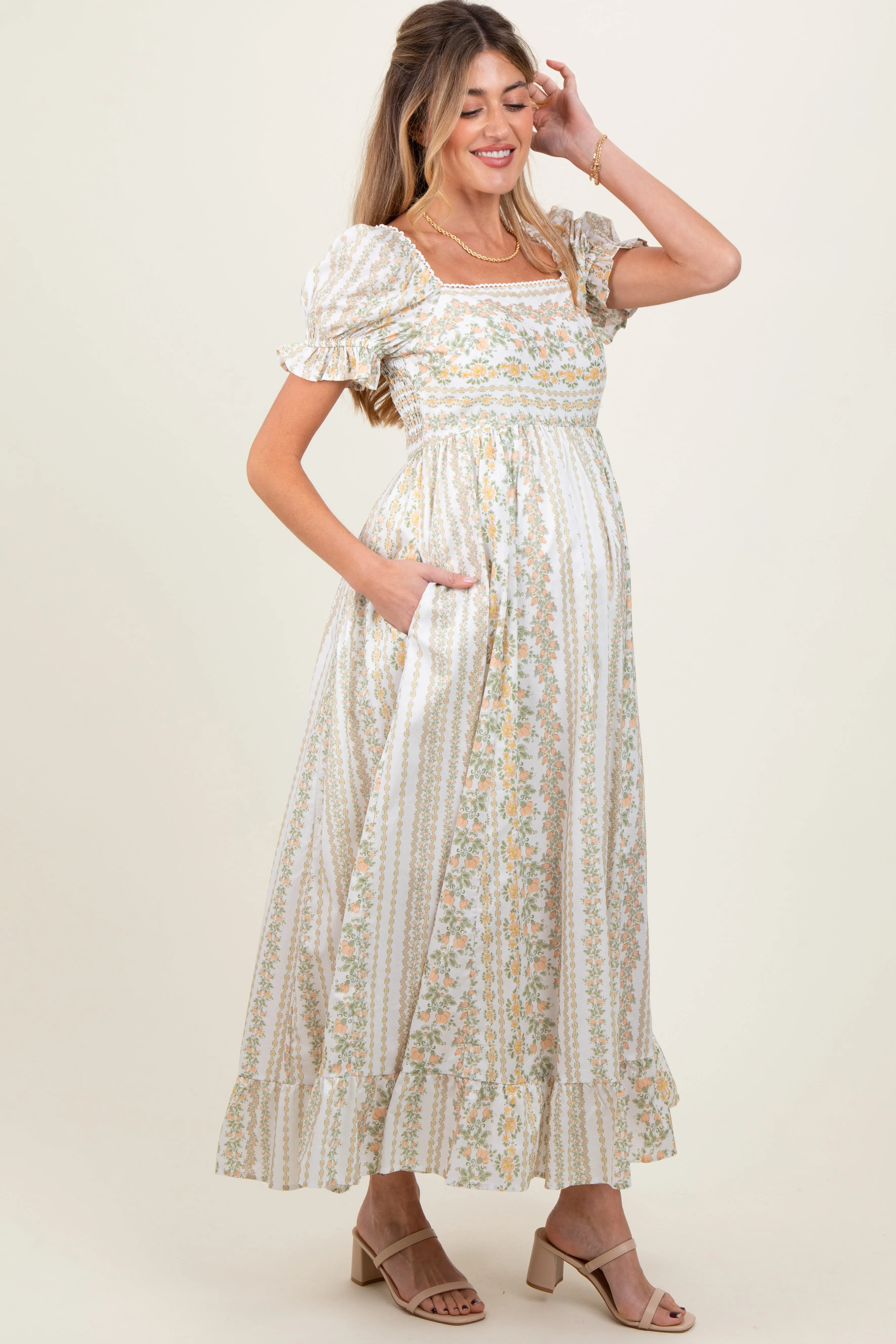 Peach Floral Puff Sleeve Lace Trim Maternity Maxi Dress sold by Pinkblush product image thumbnail 3