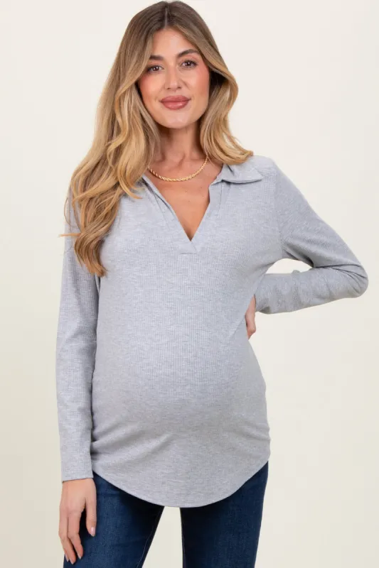 Heather Grey Ribbed Collared Maternity Long Sleeve Top sold by Pinkblush