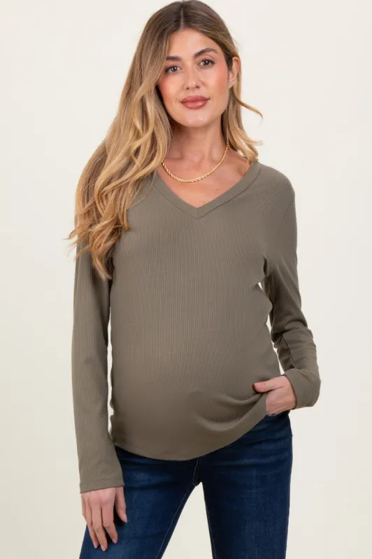 Olive Ribbed Knit V-Neck Maternity Long Sleeve Top sold by Pinkblush